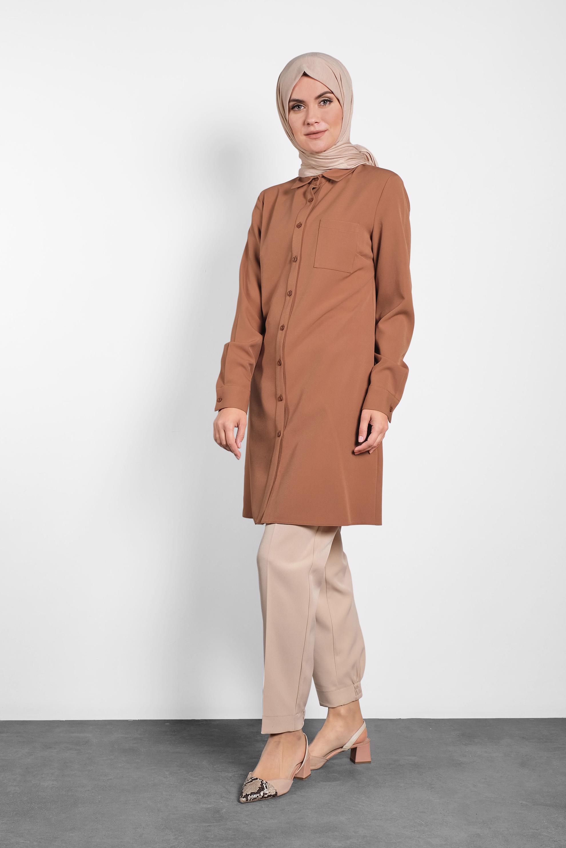 Tesettür giyim TABA DÜĞMELİ CEPLİ TUNİK 40173 