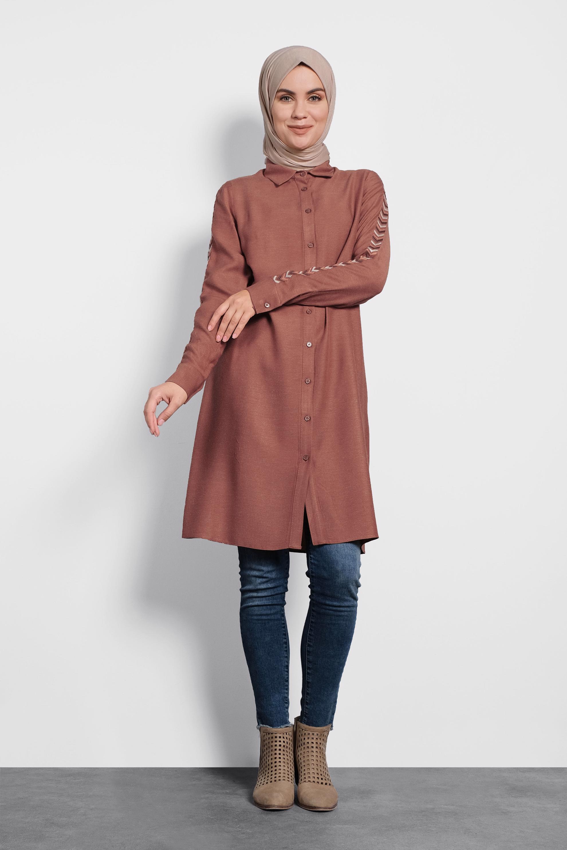 Tesettür giyim TURUNCU KOLLARI NAKIŞLI TUNİK 40181