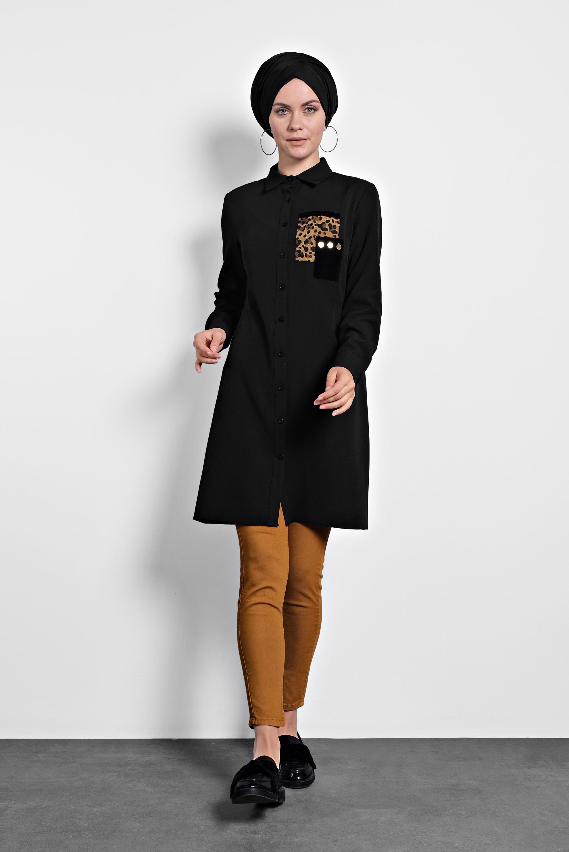 Tesettür giyim SİYAH DÜĞMELİ ERKEK YAKA TUNİK 40182