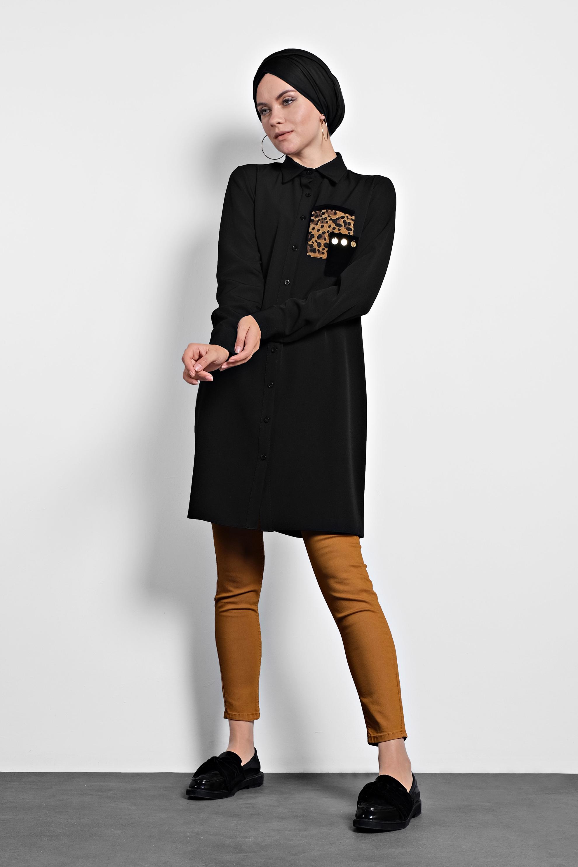 Tesettür giyim SİYAH DÜĞMELİ ERKEK YAKA TUNİK 40182