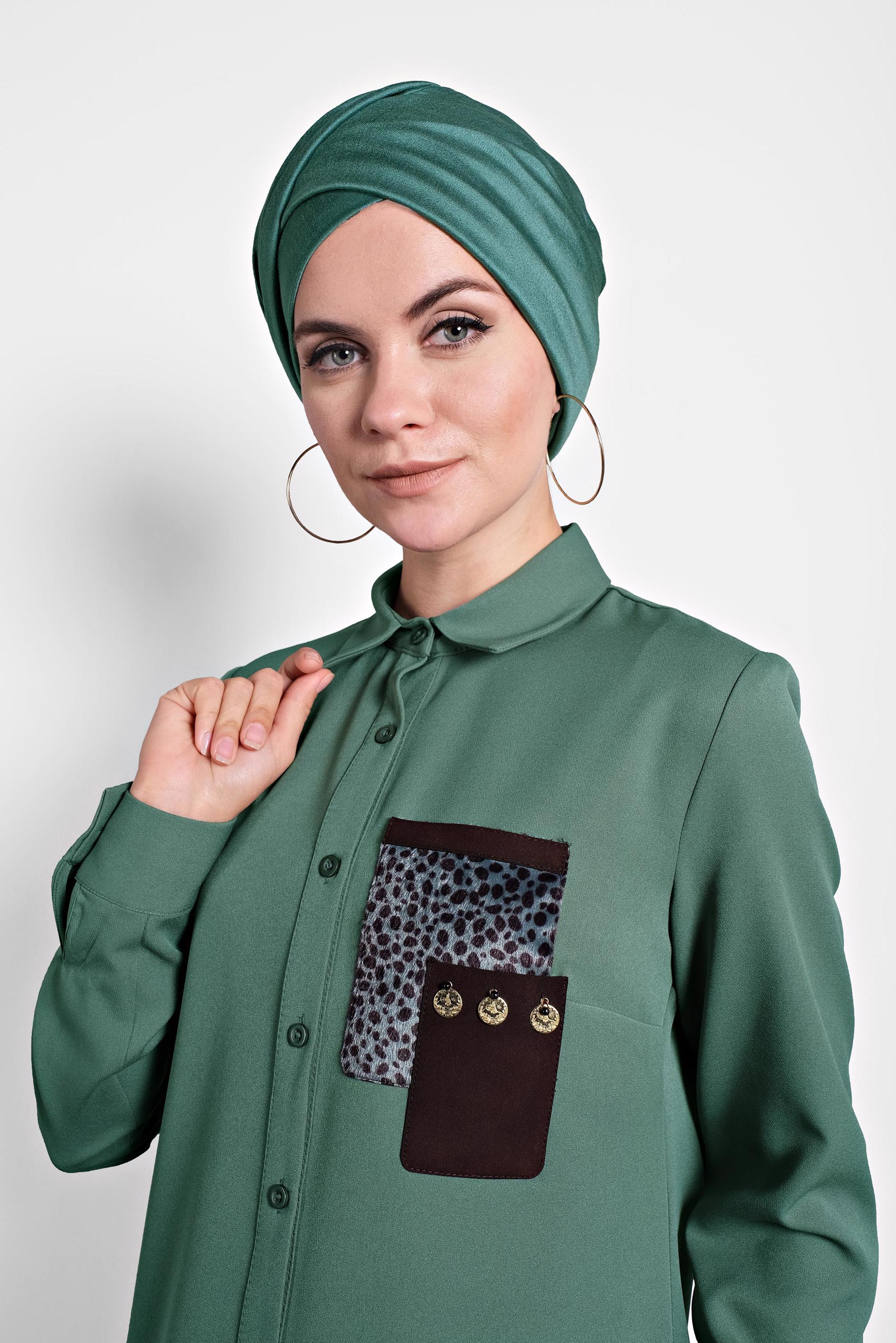 Tesettür giyim YEŞİL DÜĞMELİ ERKEK YAKA TUNİK 40182