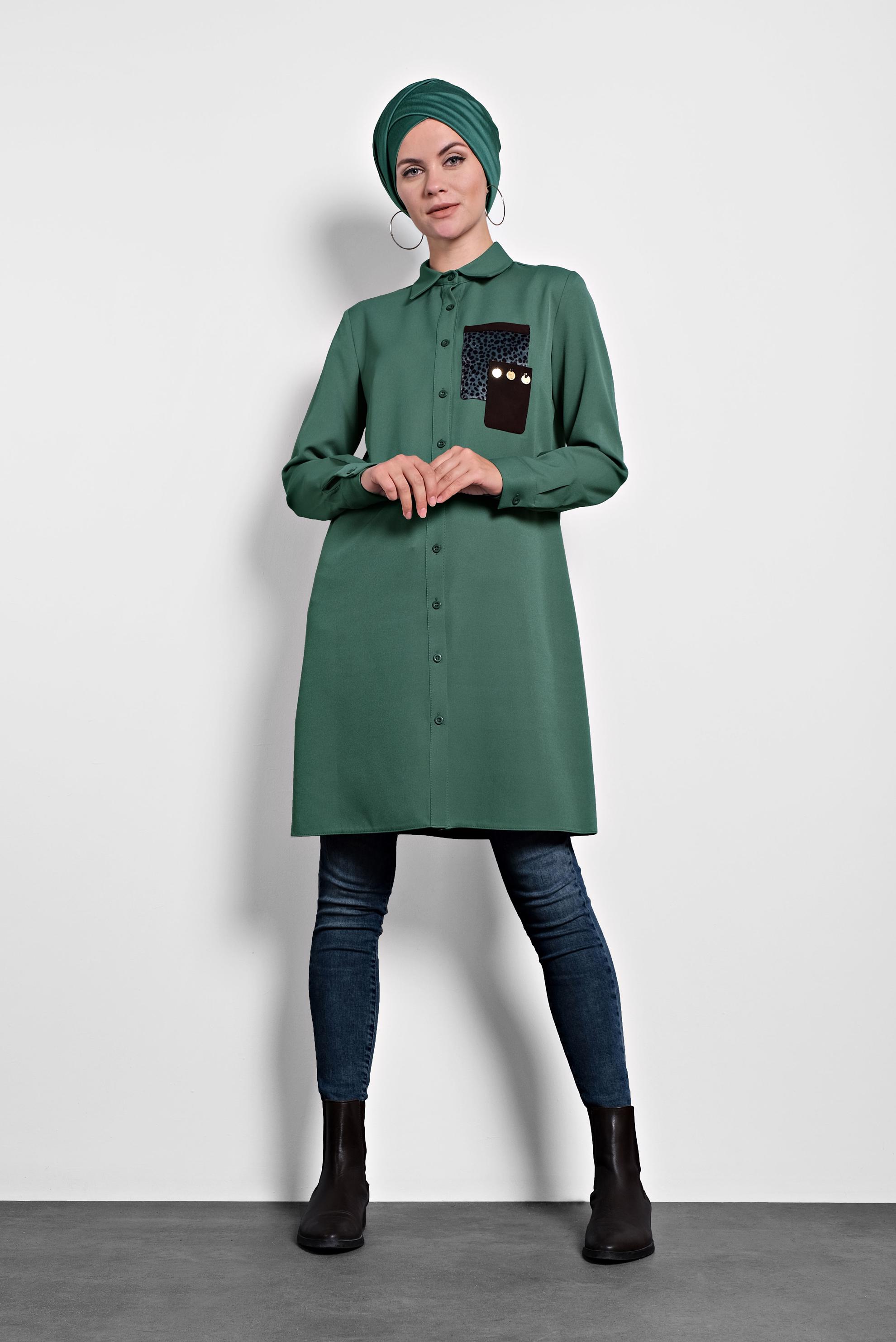 Tesettür giyim YEŞİL DÜĞMELİ ERKEK YAKA TUNİK 40182