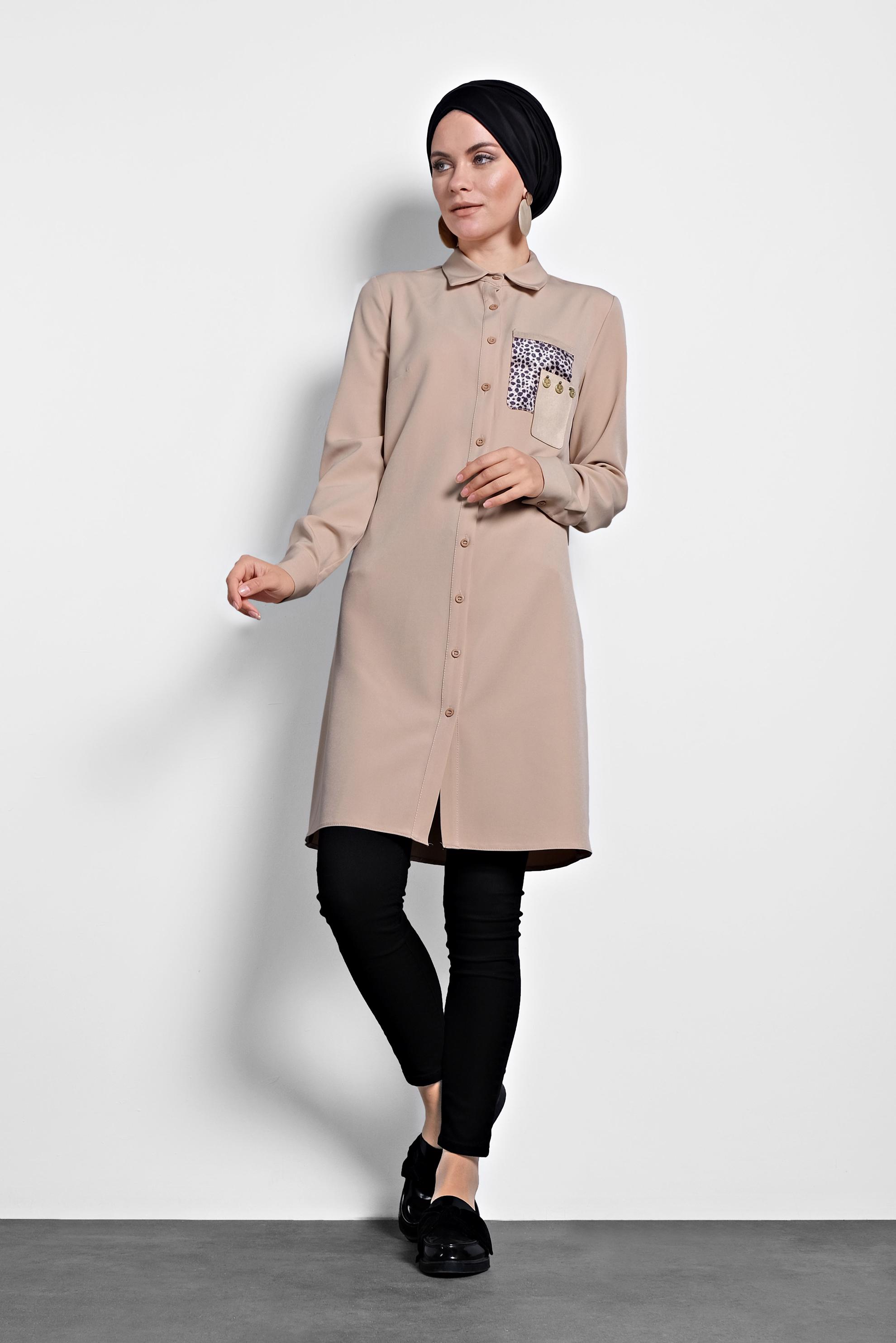 Tesettür giyim BEJ DÜĞMELİ ERKEK YAKA TUNİK 40182