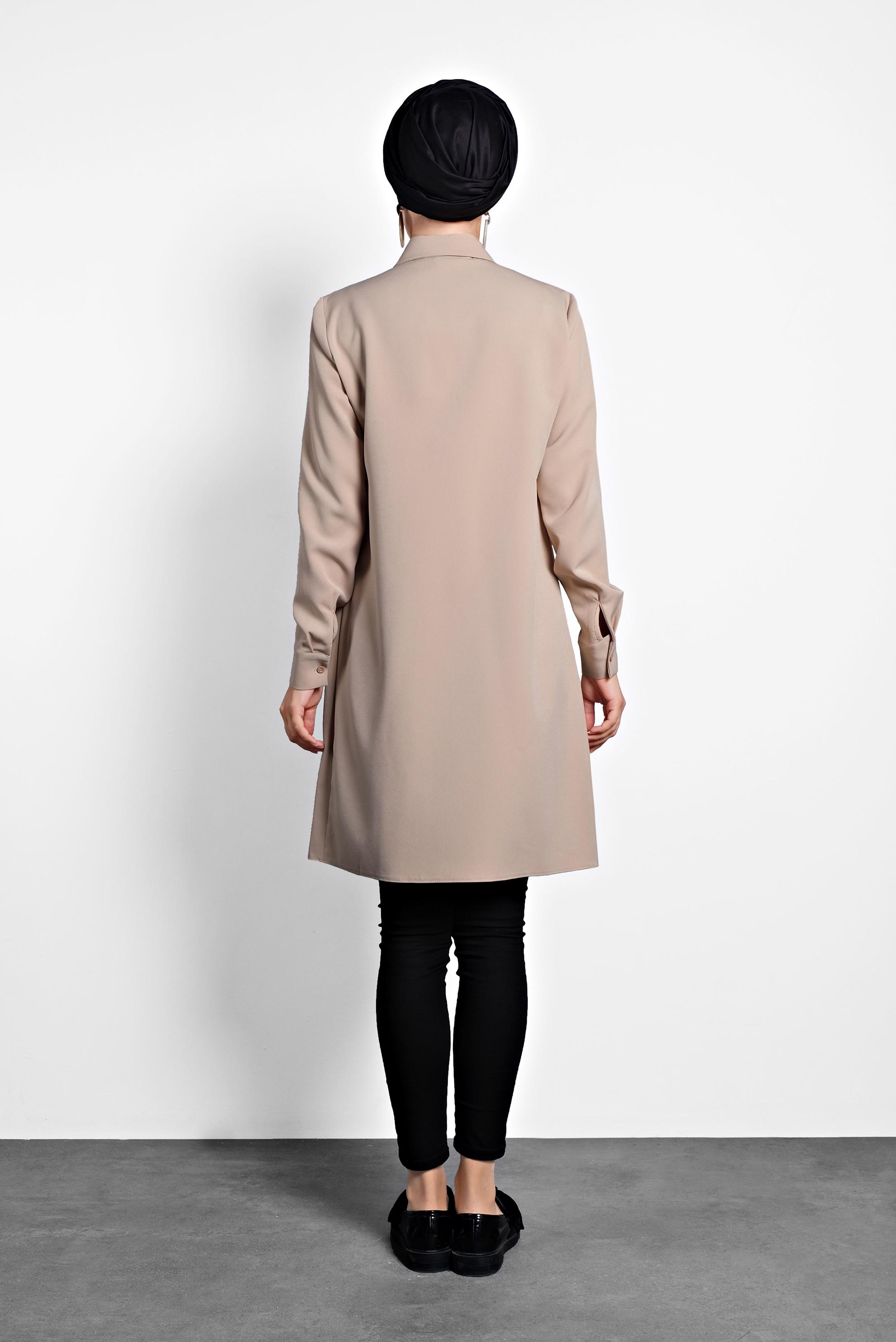 Tesettür giyim BEJ DÜĞMELİ ERKEK YAKA TUNİK 40182