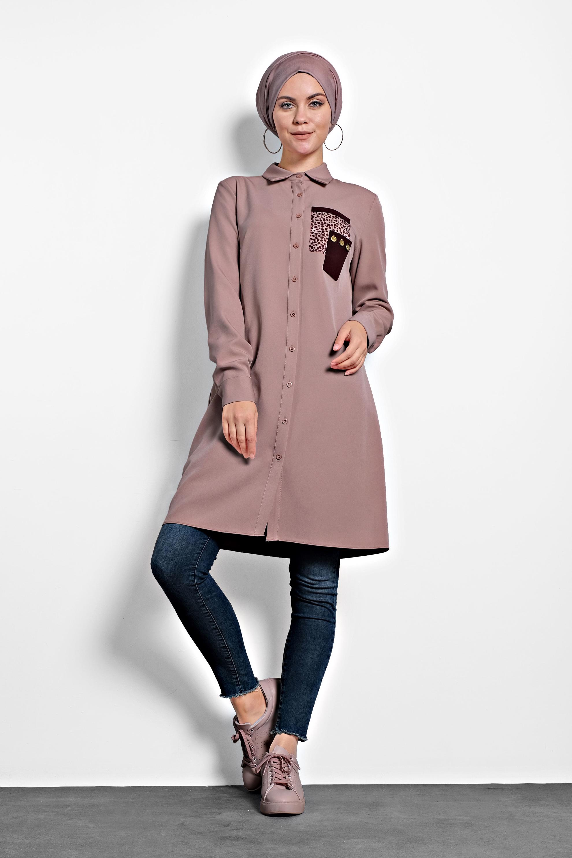 Tesettür giyim PUDRA DÜĞMELİ ERKEK YAKA TUNİK 40182