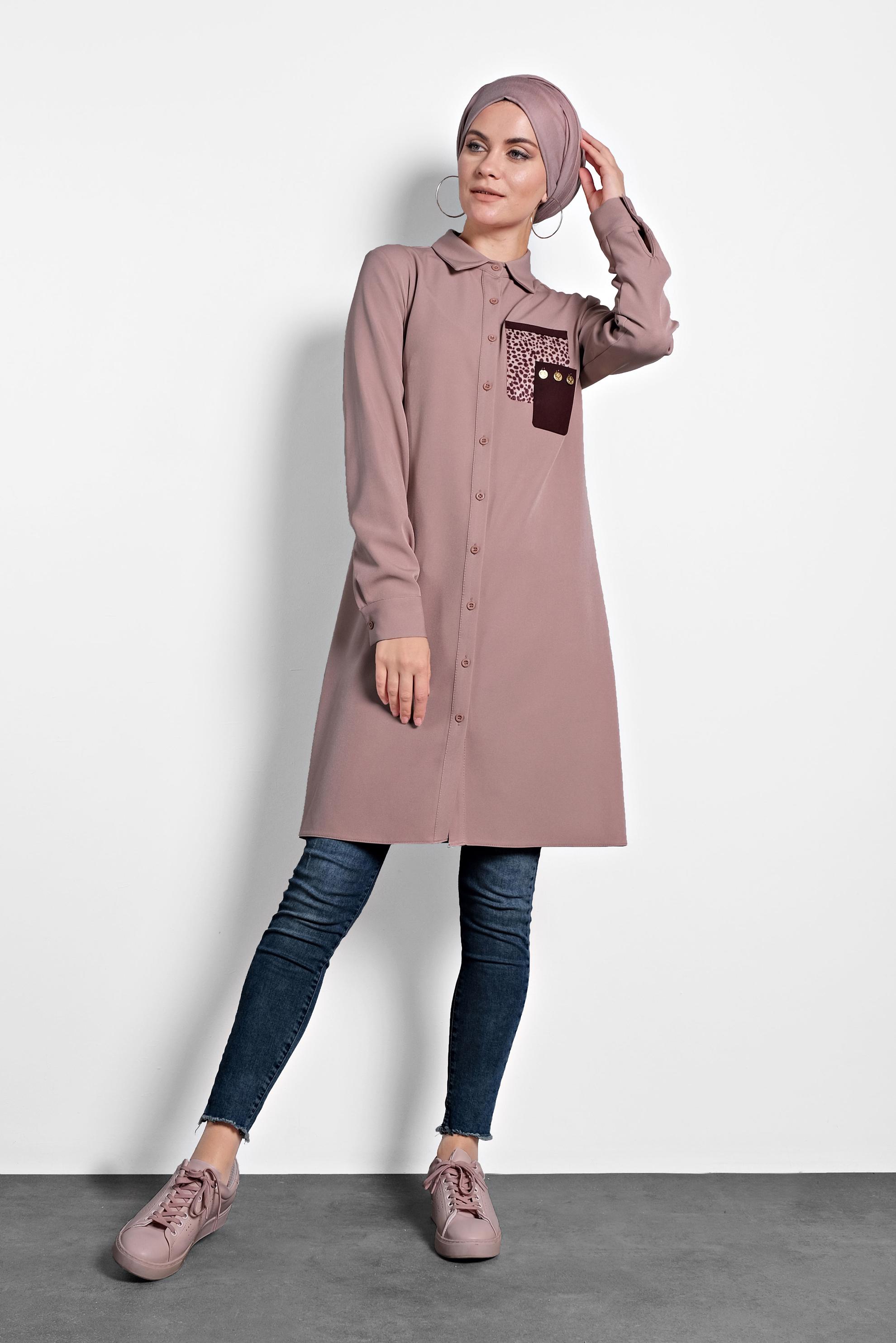 Tesettür giyim PUDRA DÜĞMELİ ERKEK YAKA TUNİK 40182