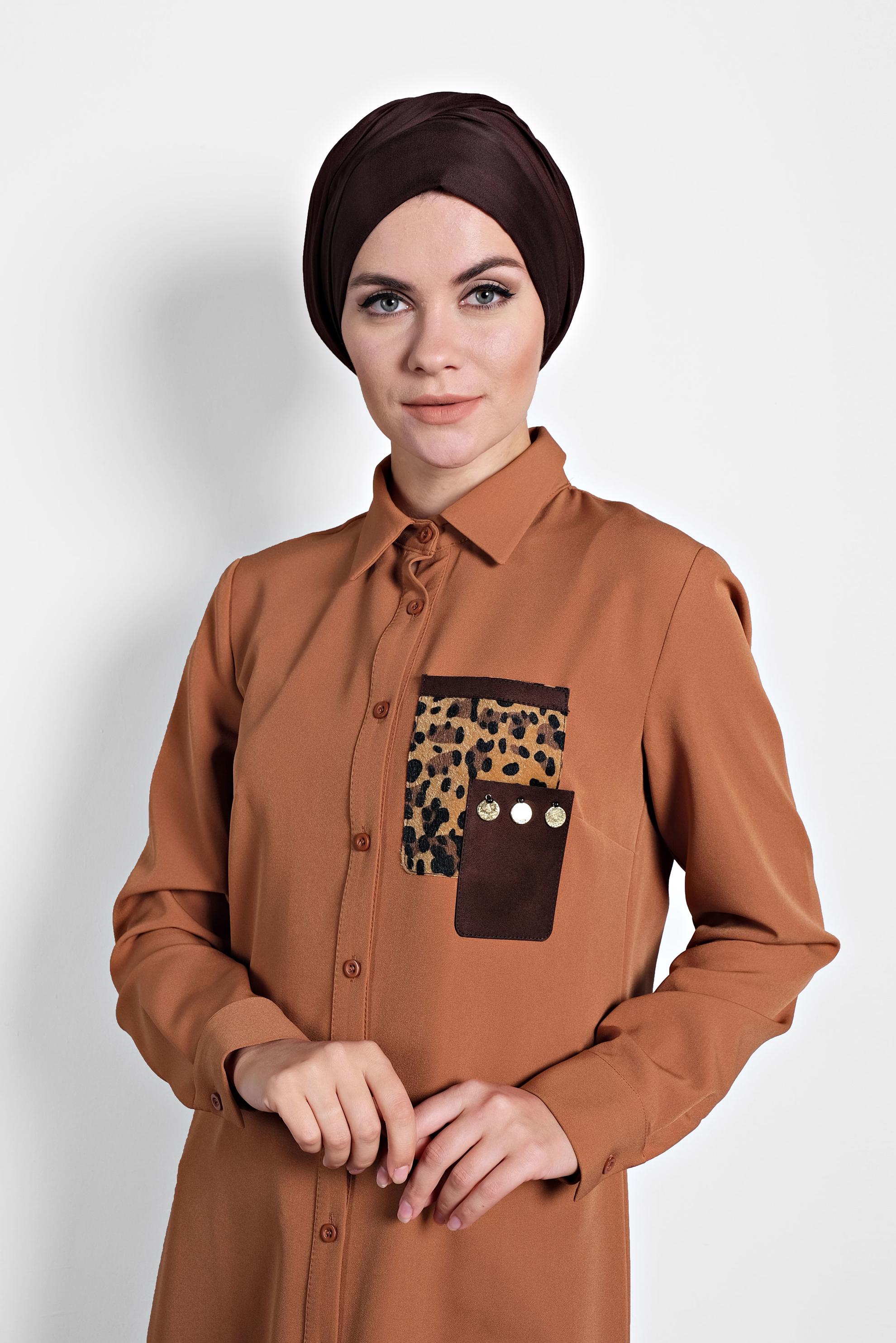 Tesettür giyim TABA DÜĞMELİ ERKEK YAKA TUNİK 40182