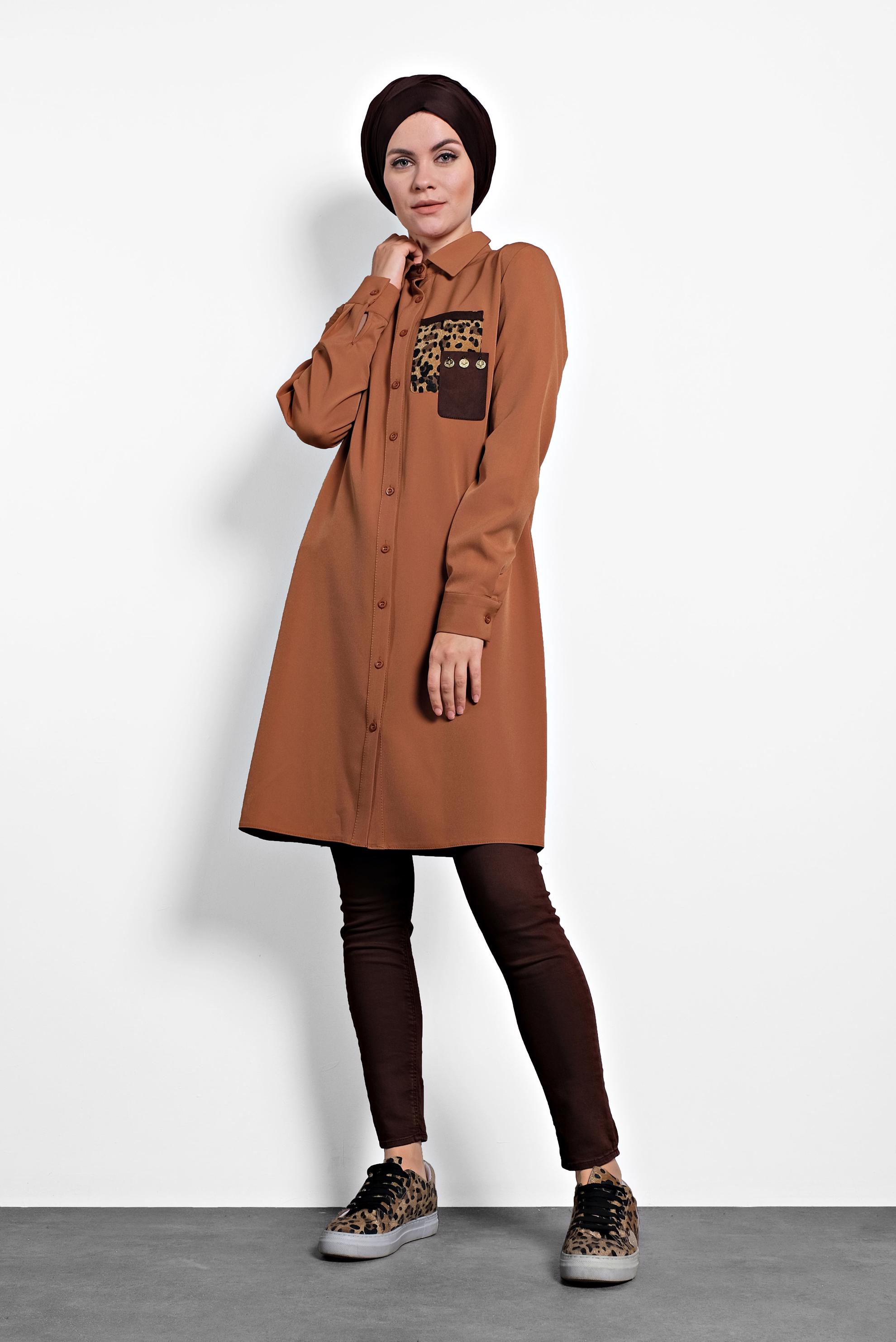 Tesettür giyim TABA DÜĞMELİ ERKEK YAKA TUNİK 40182