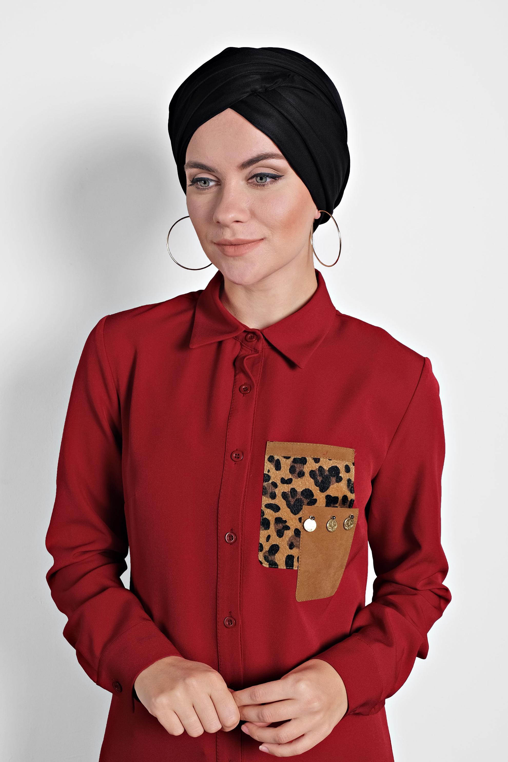 Tesettür giyim KIRMIZI DÜĞMELİ ERKEK YAKA TUNİK 40182