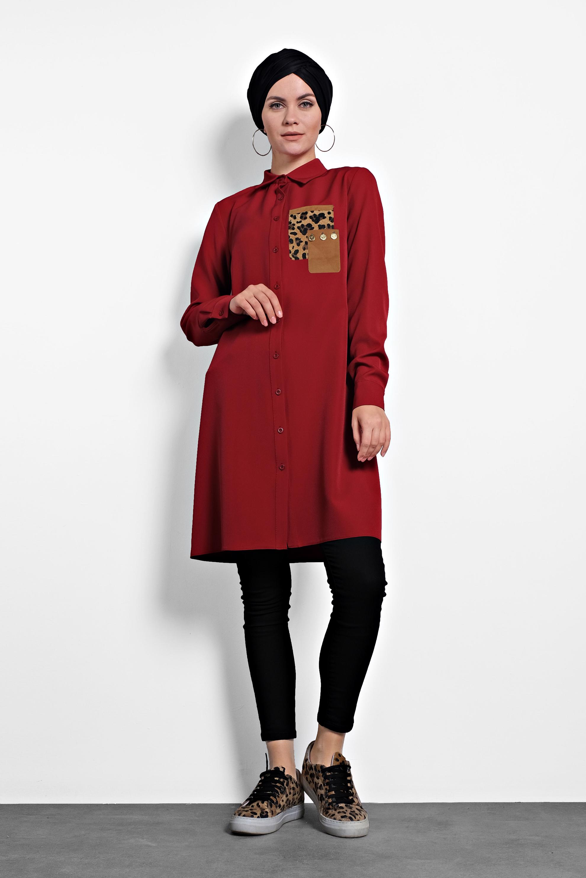 Tesettür giyim KIRMIZI DÜĞMELİ ERKEK YAKA TUNİK 40182