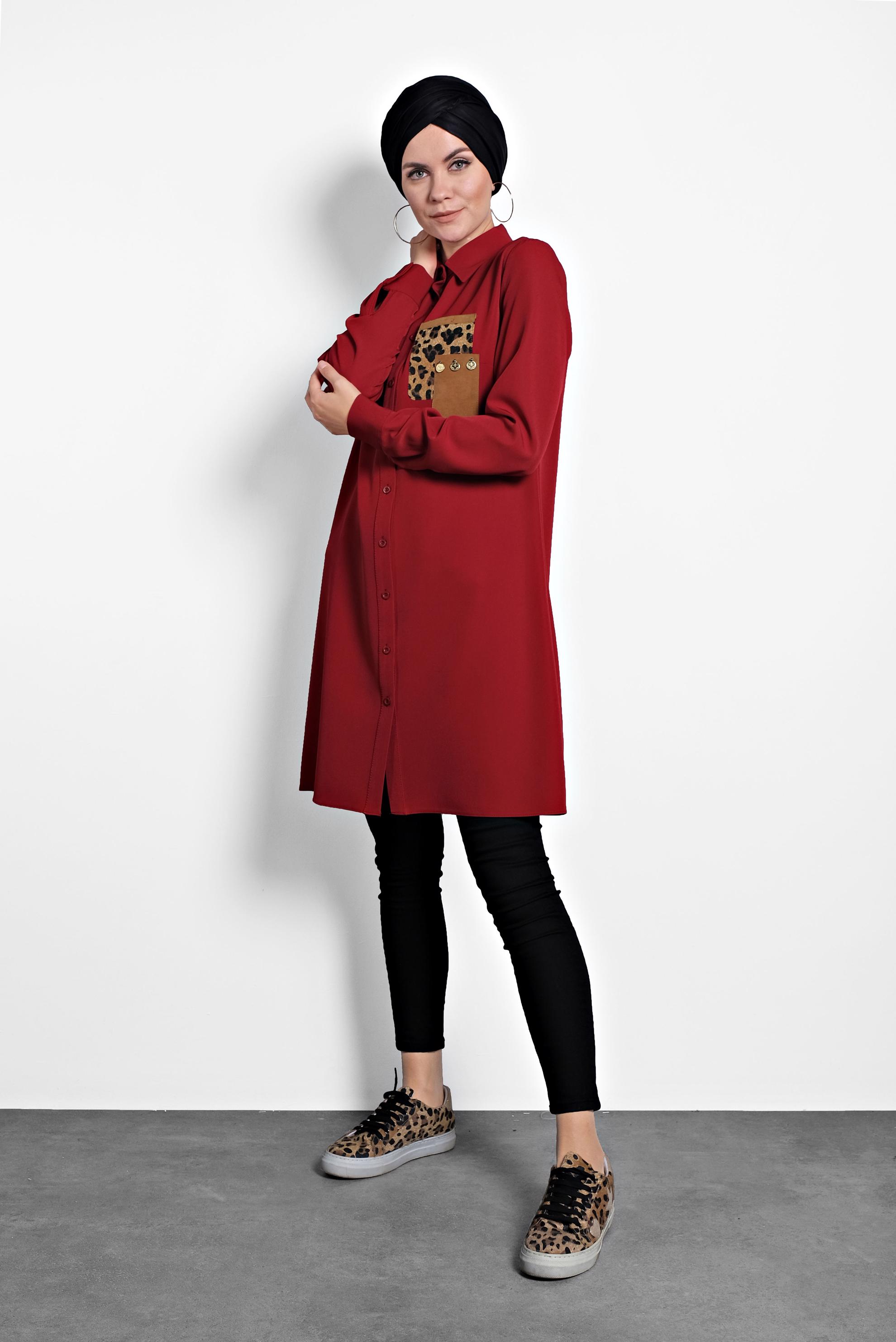 Tesettür giyim KIRMIZI DÜĞMELİ ERKEK YAKA TUNİK 40182