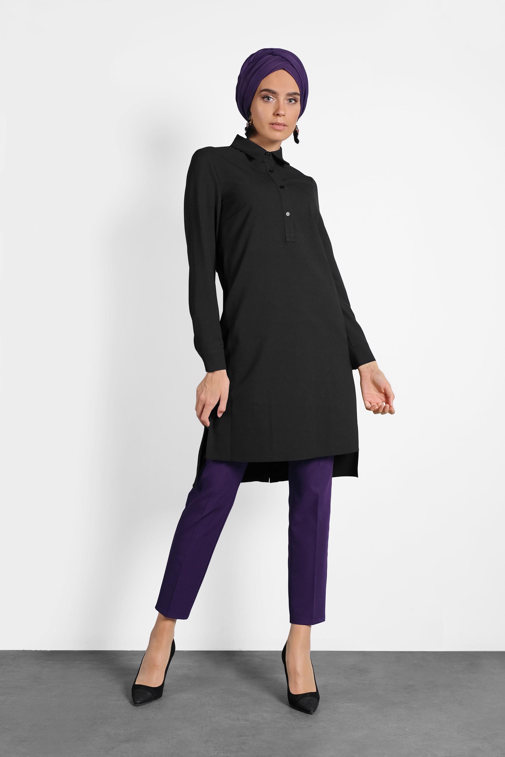 Tesettür giyim SİYAH KUYRUKLU DÜĞMELİ TUNİK 40183 