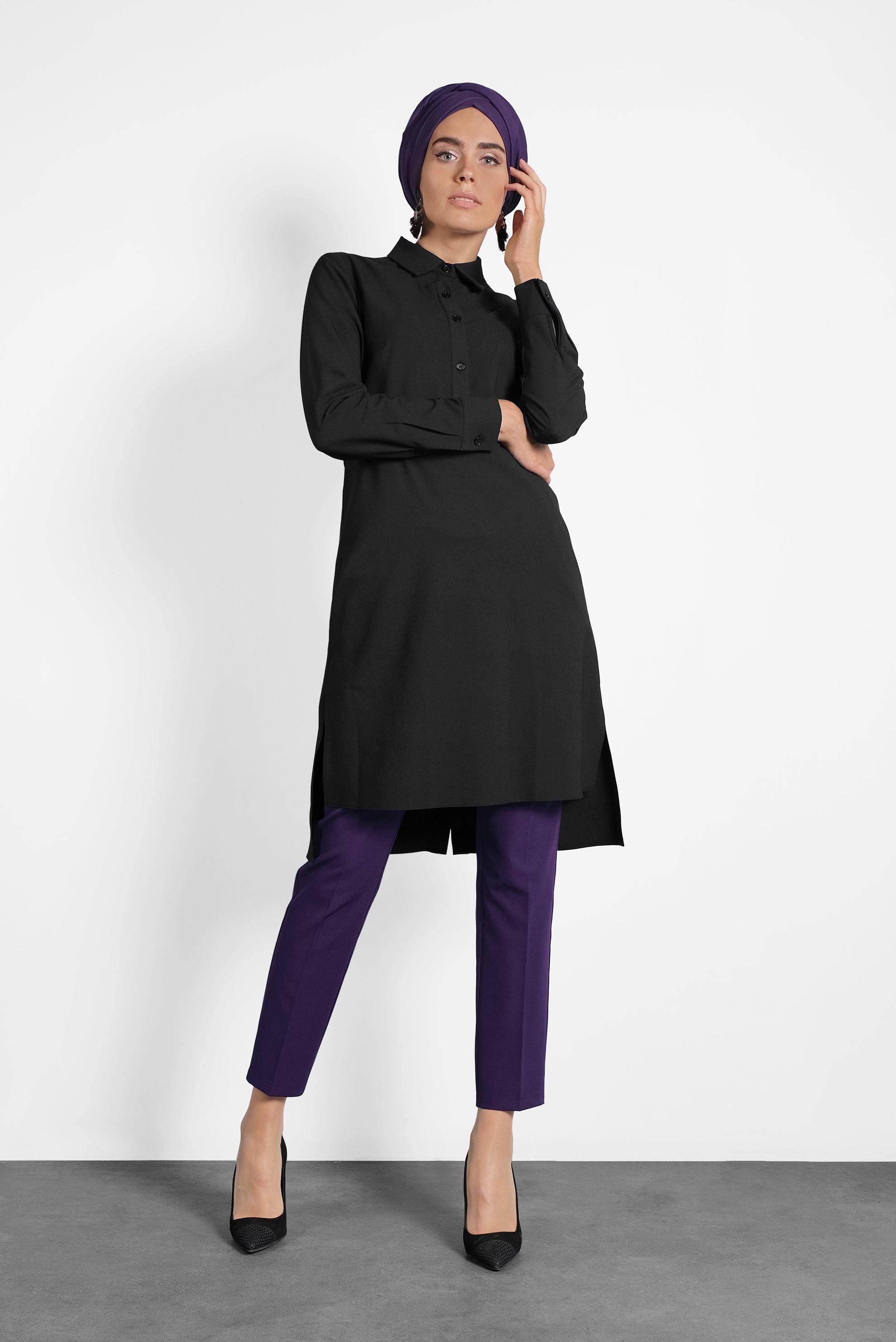 Tesettür giyim SİYAH KUYRUKLU DÜĞMELİ TUNİK 40183 