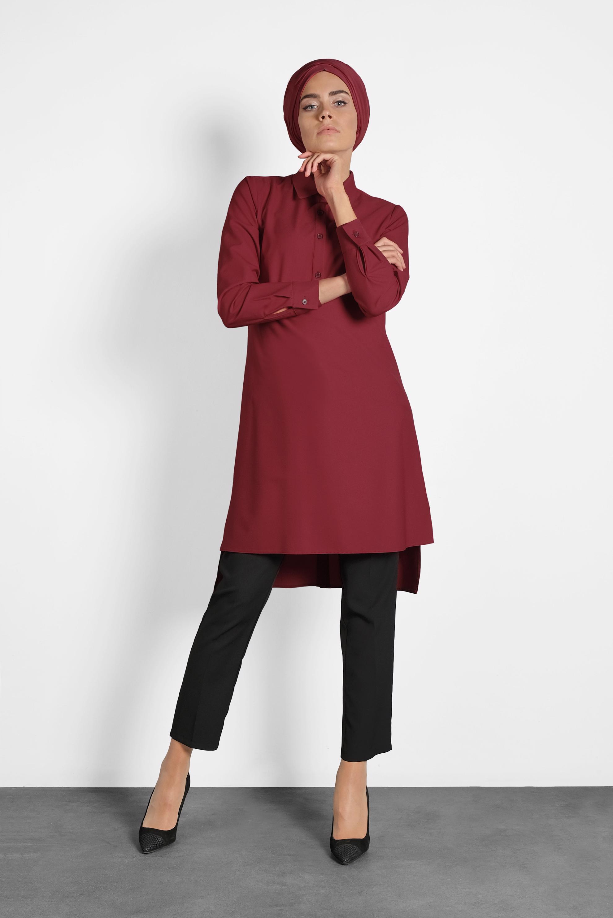 Tesettür giyim BORDO KUYRUKLU DÜĞMELİ TUNİK 40183 