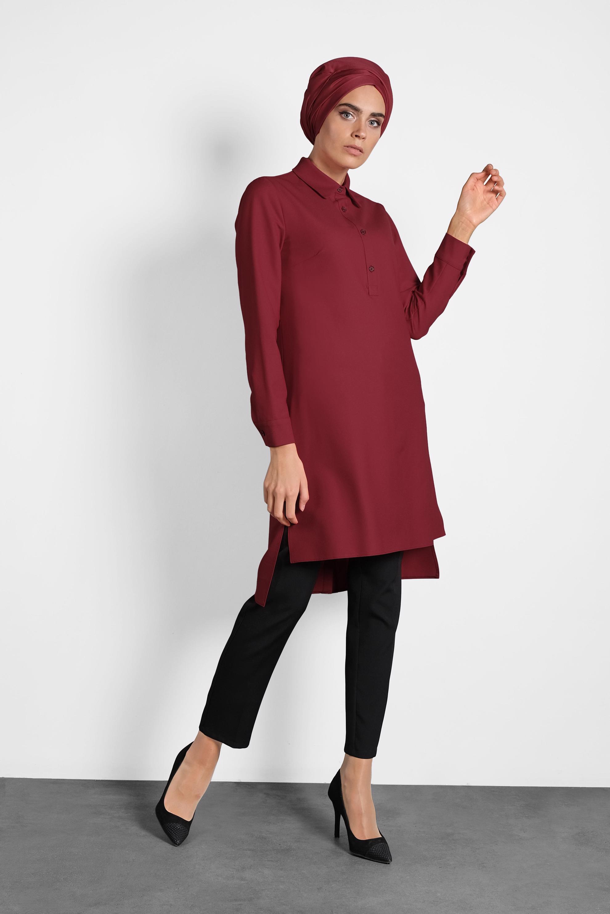 Tesettür giyim BORDO KUYRUKLU DÜĞMELİ TUNİK 40183 