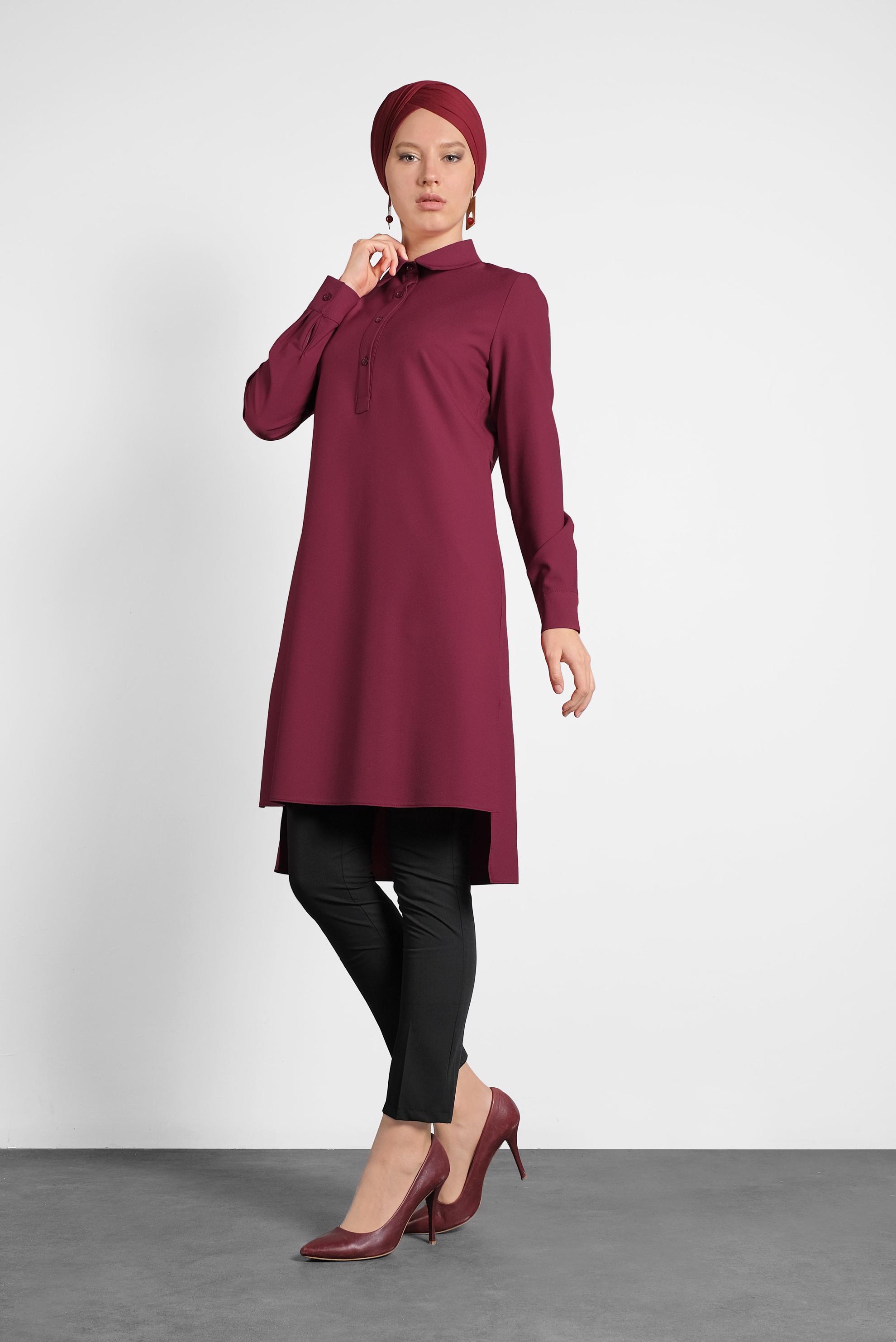 Tesettür giyim BORDO KUYRUKLU DÜĞMELİ TUNİK 40183 