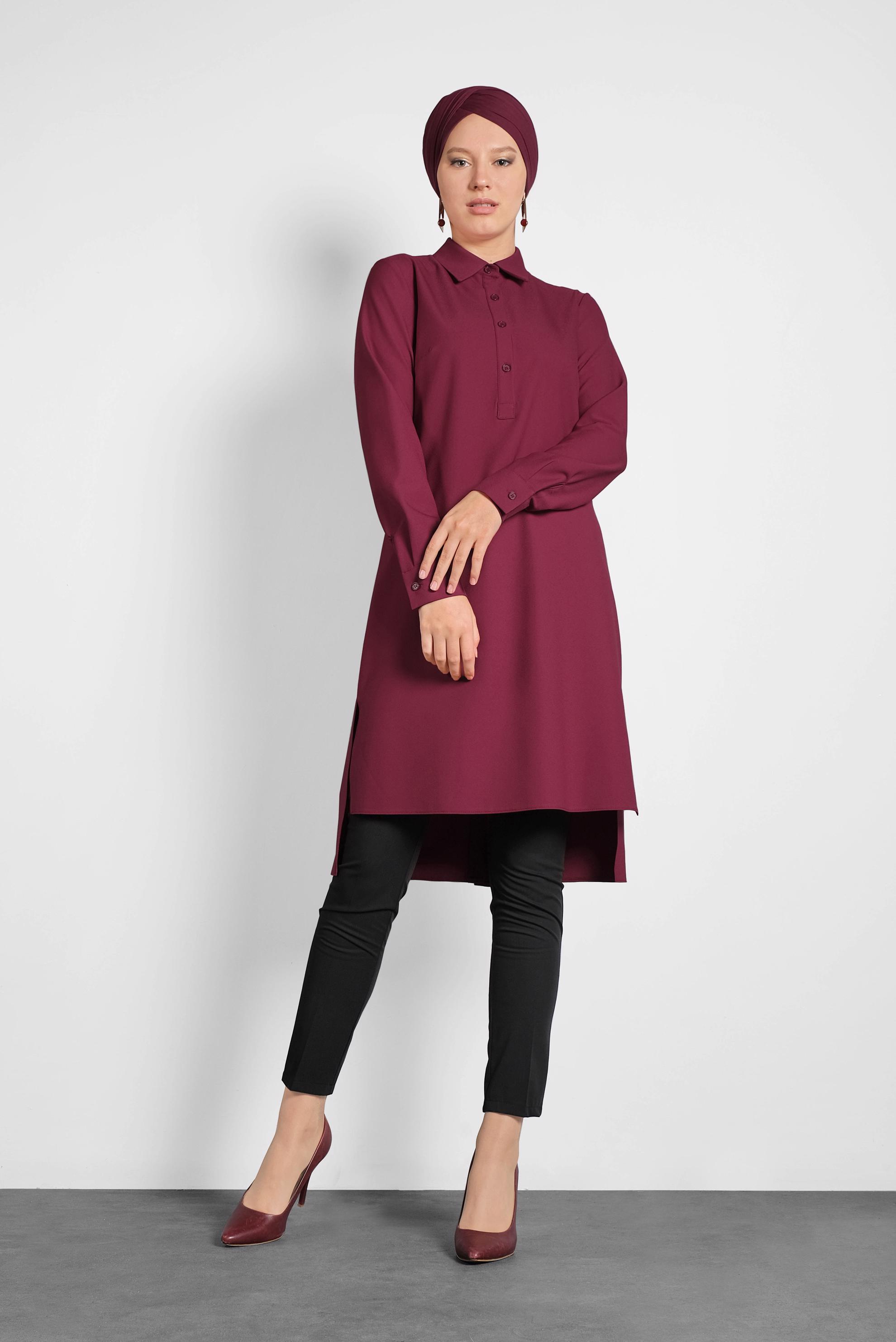 Tesettür giyim BORDO KUYRUKLU DÜĞMELİ TUNİK 40183 