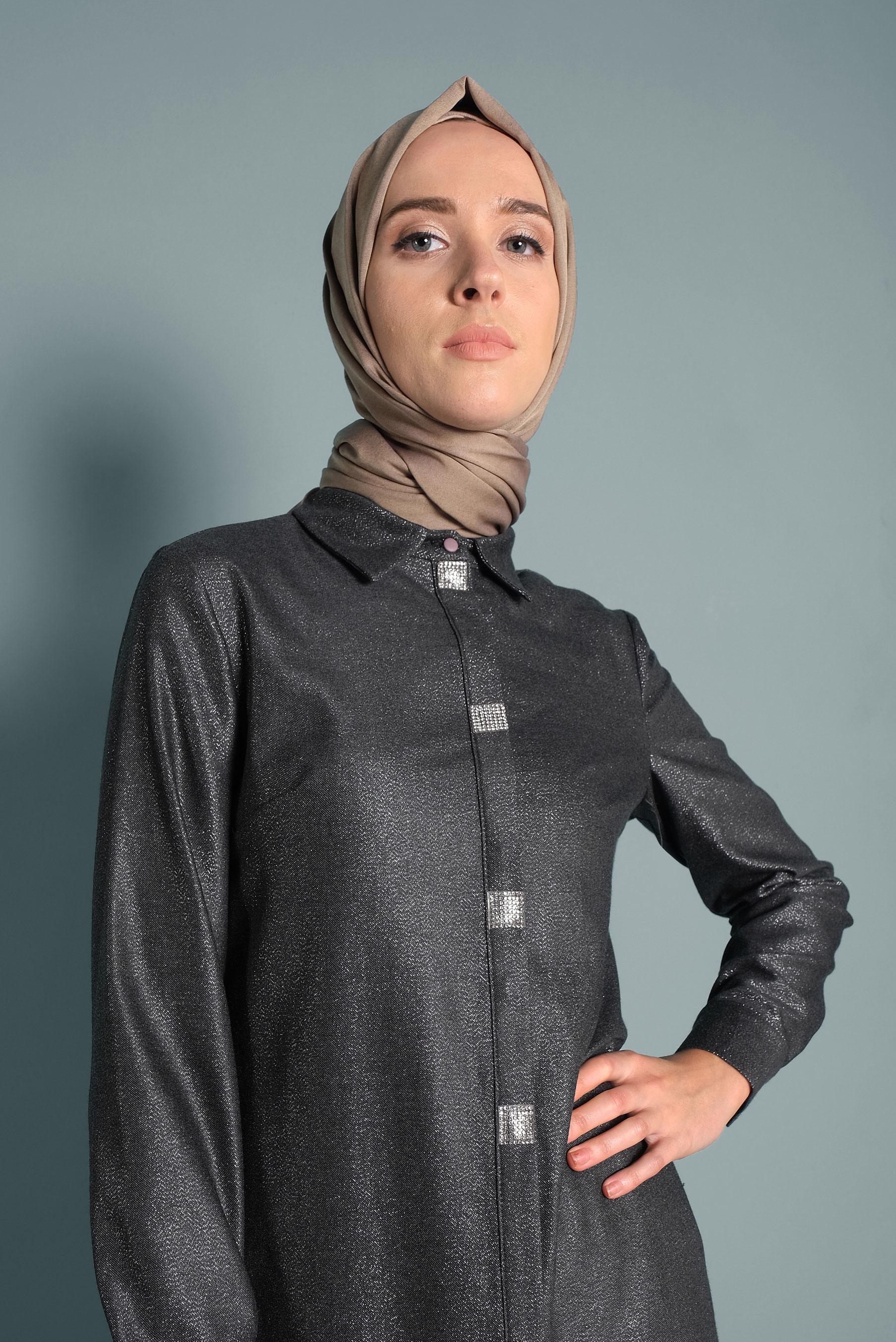 Tesettür giyim HAKİ SİMLİ TAŞ DETAYLI TUNİK 40184 