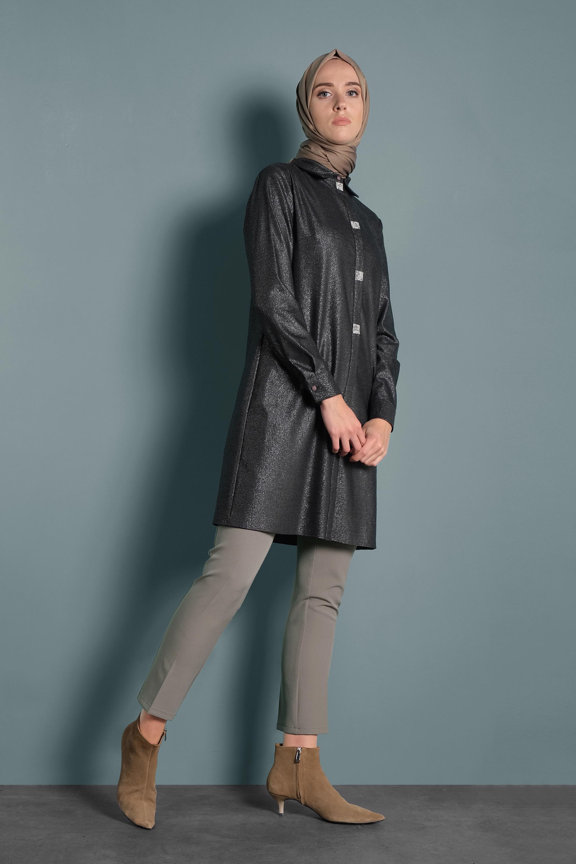 Tesettür giyim HAKİ SİMLİ TAŞ DETAYLI TUNİK 40184 