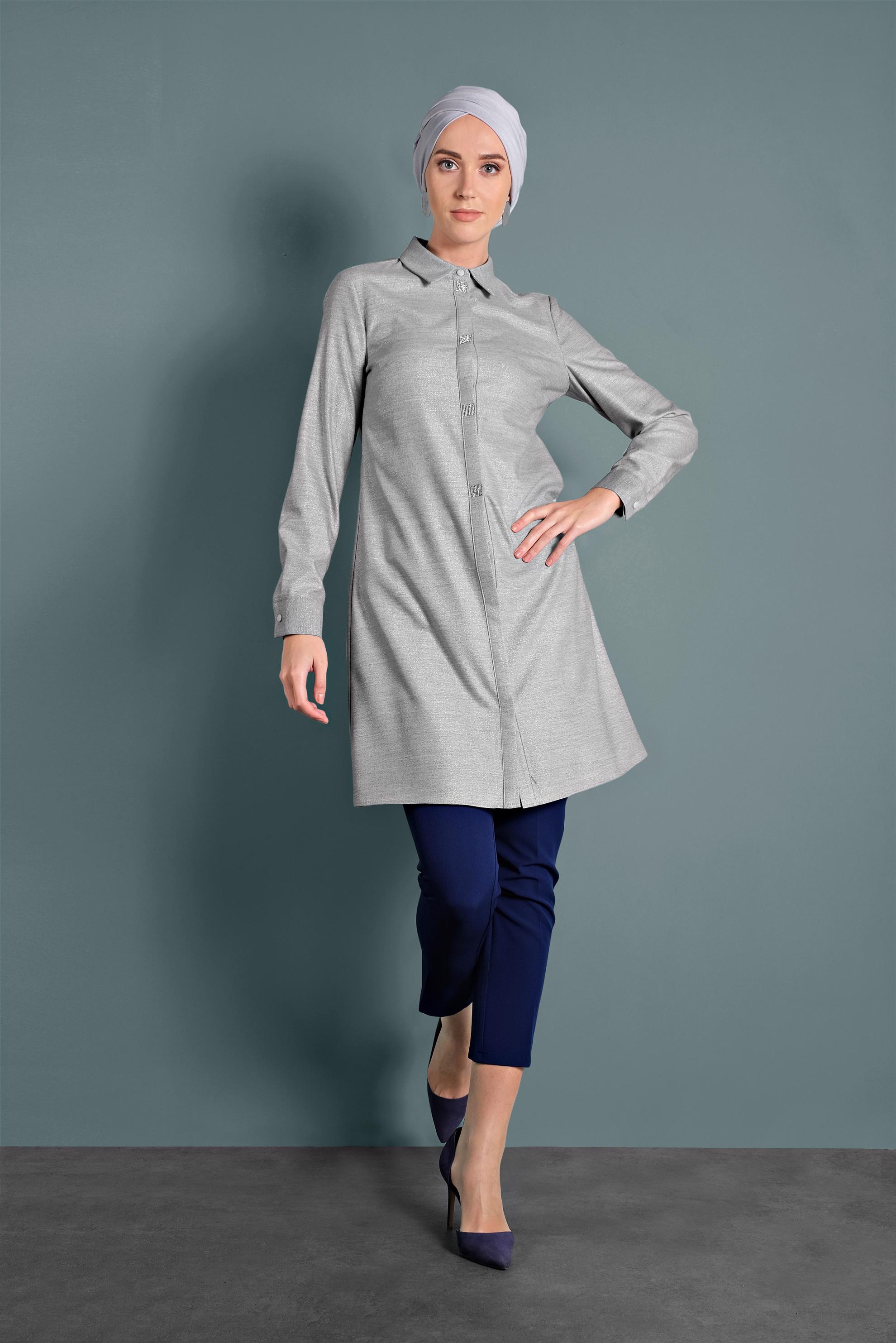 Tesettür giyim GÜMÜŞ SİMLİ TAŞ DETAYLI TUNİK 40184 