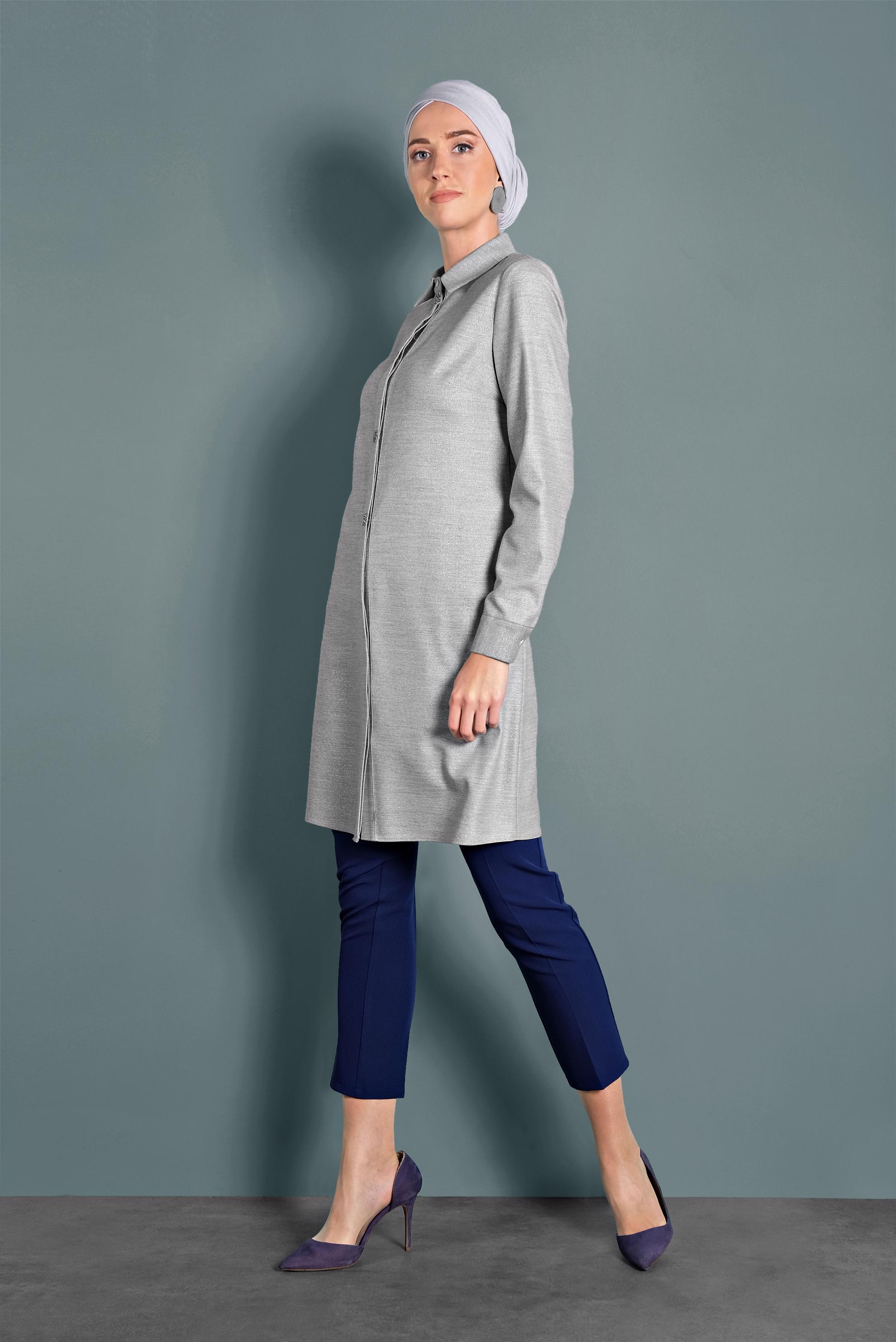 Tesettür giyim GÜMÜŞ SİMLİ TAŞ DETAYLI TUNİK 40184 