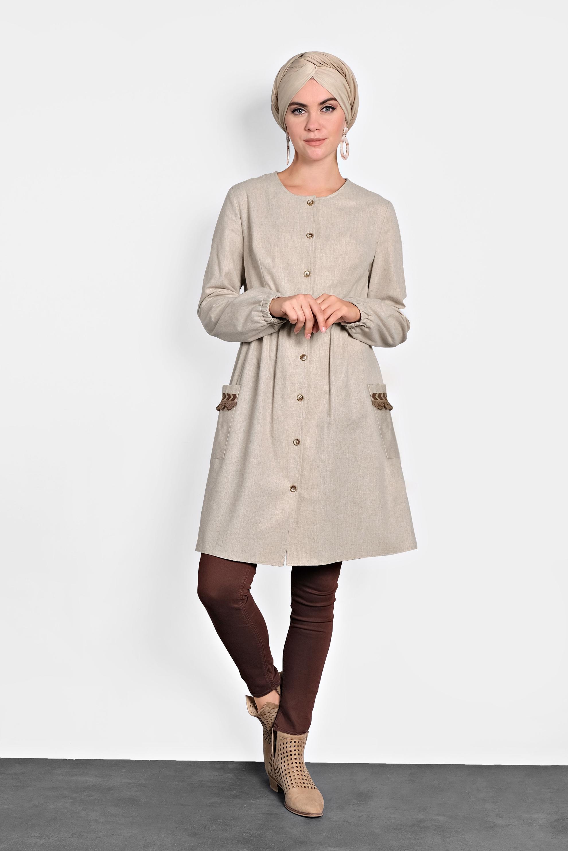Tesettür giyim BEJ İŞLEMELİ PAMUKLU TUNİK 40187