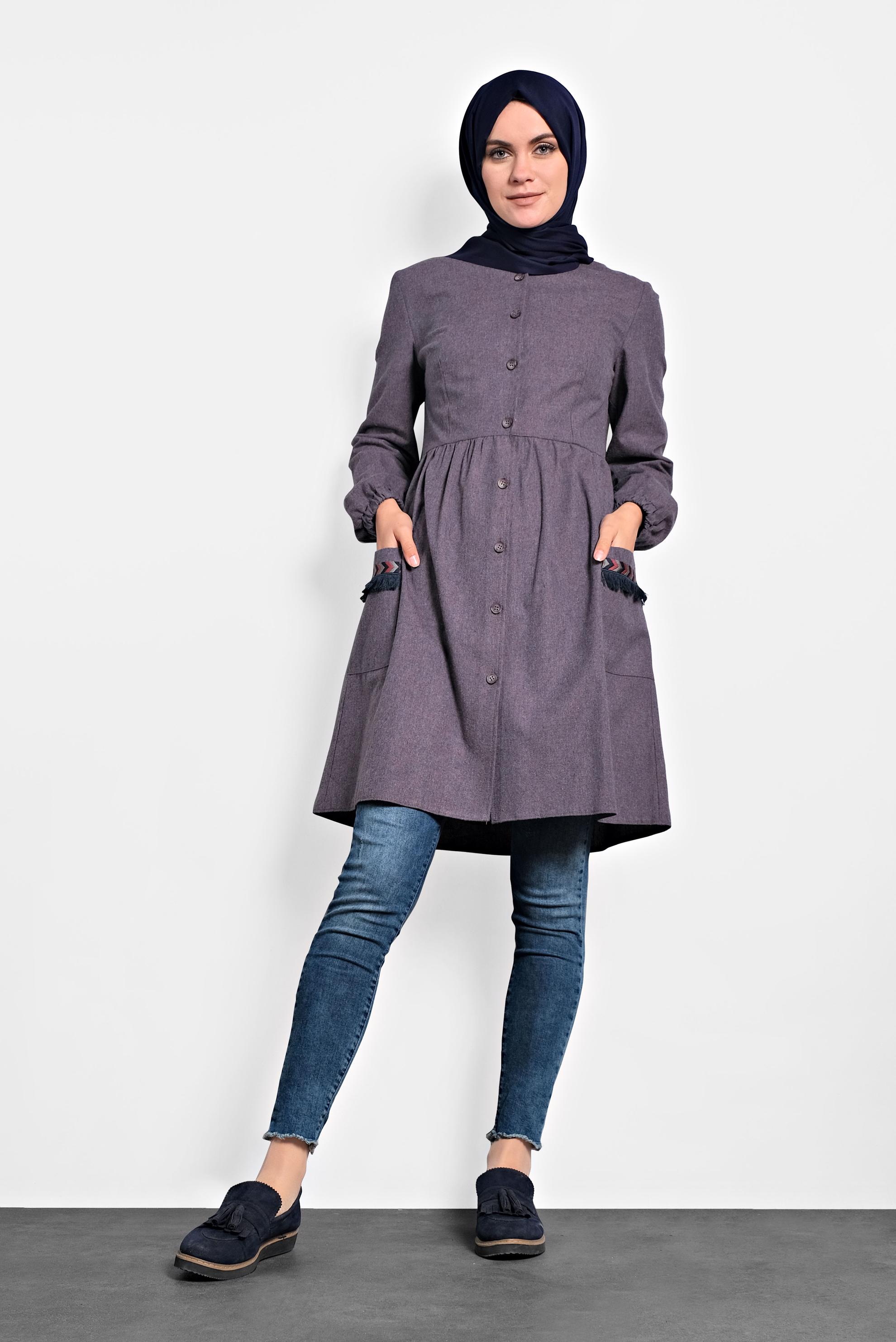 Tesettür giyim LACİVERT İŞLEMELİ PAMUKLU TUNİK 40187