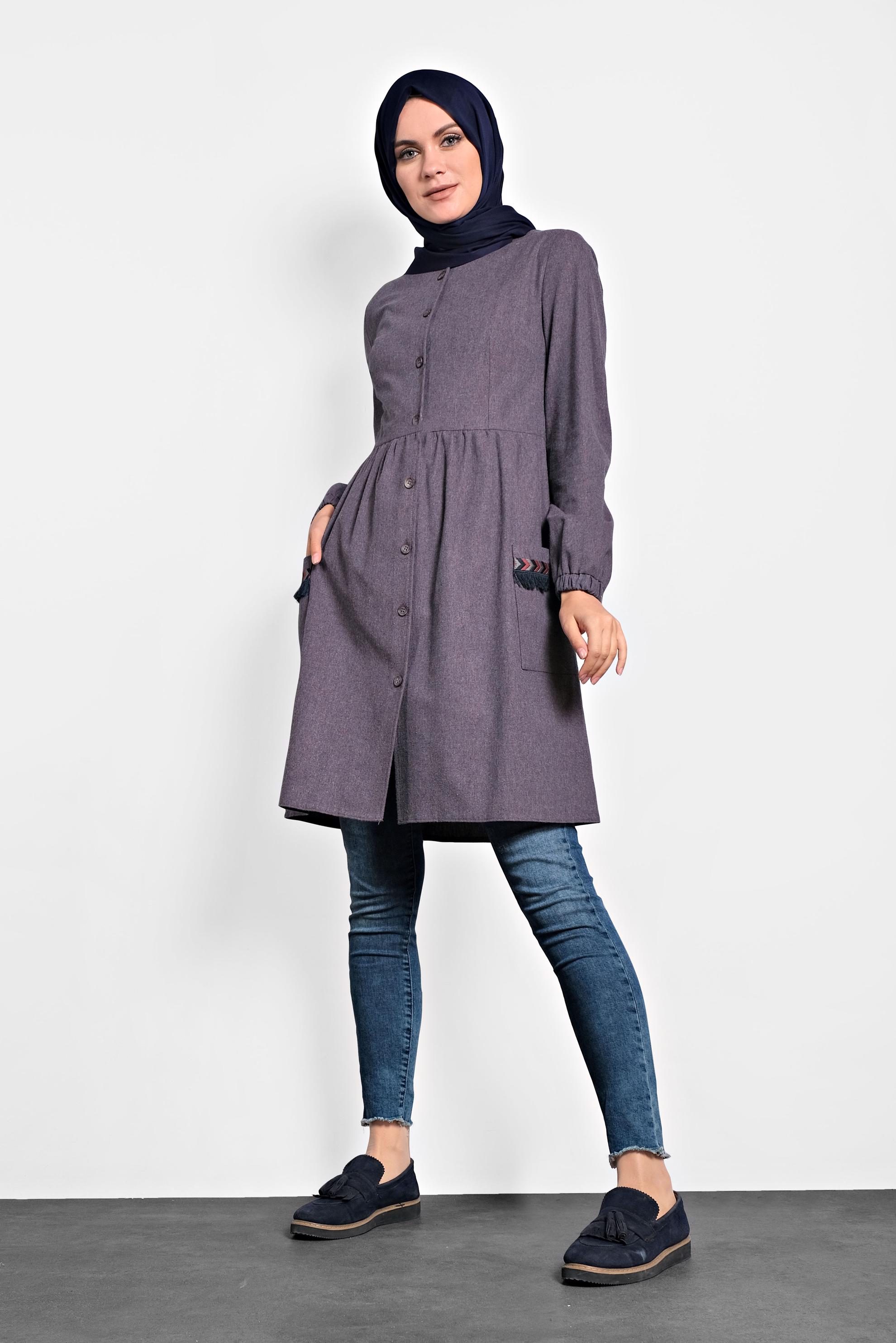 Tesettür giyim LACİVERT İŞLEMELİ PAMUKLU TUNİK 40187