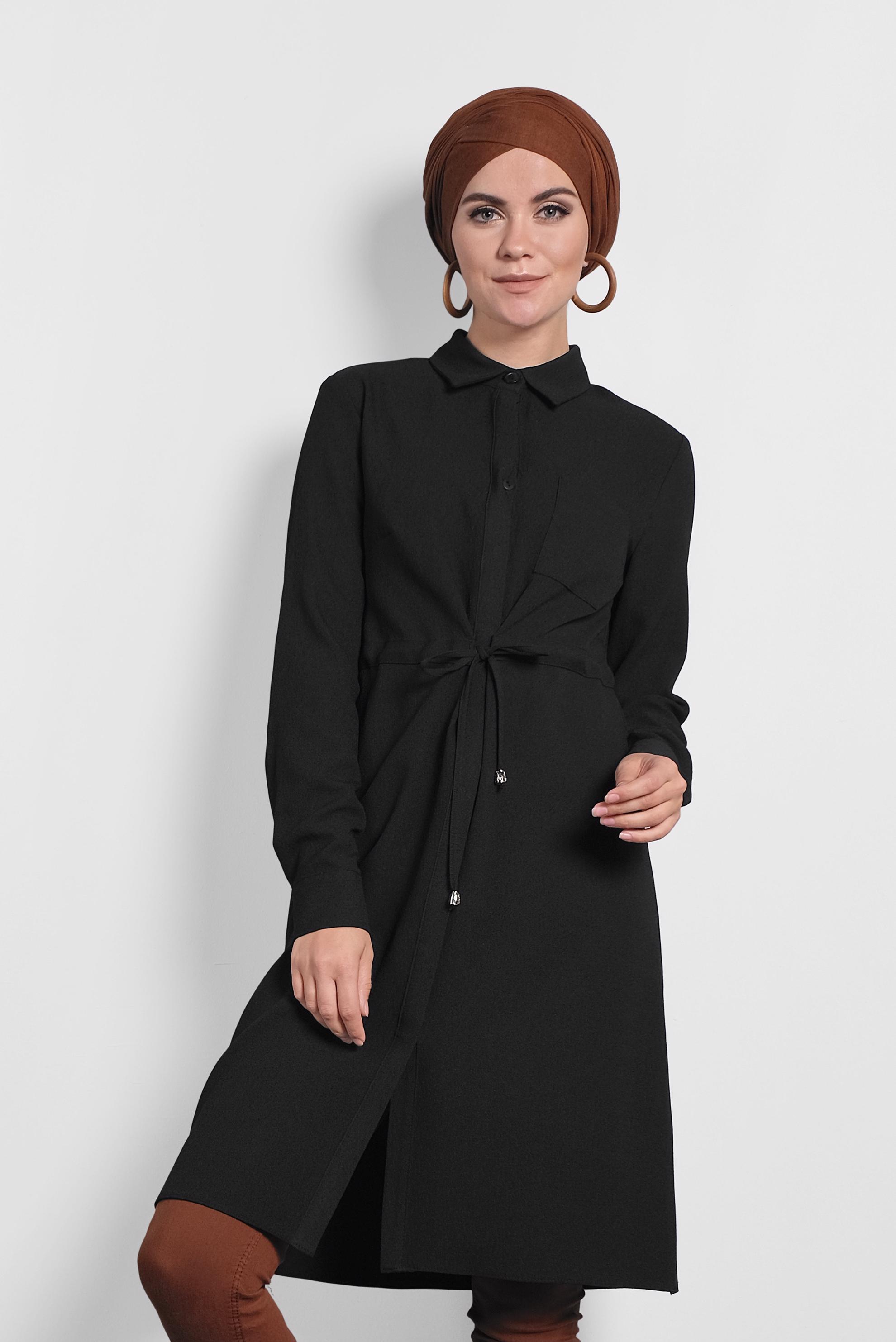 Tesettür giyim SİYAH BELİ BAĞCIKLI GİZLİ DÜĞMELİ TUNİK 40188