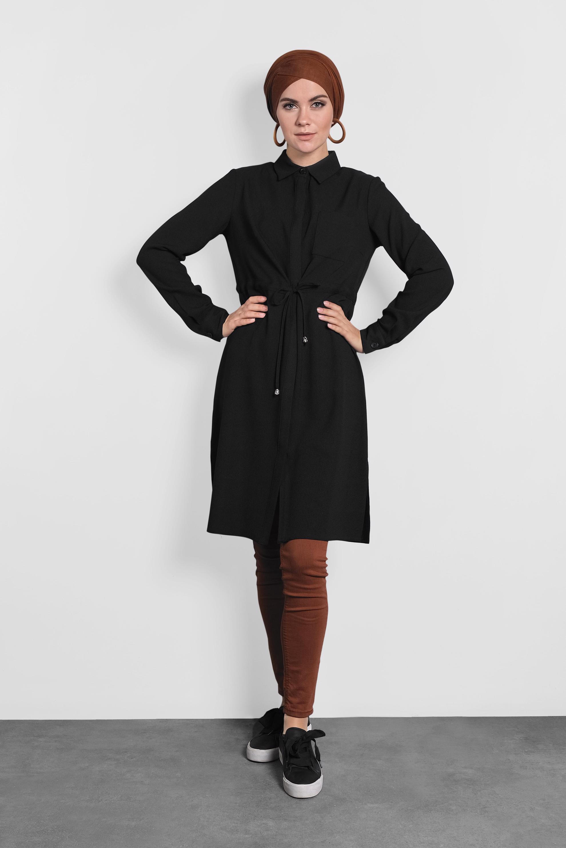 Tesettür giyim SİYAH BELİ BAĞCIKLI GİZLİ DÜĞMELİ TUNİK 40188