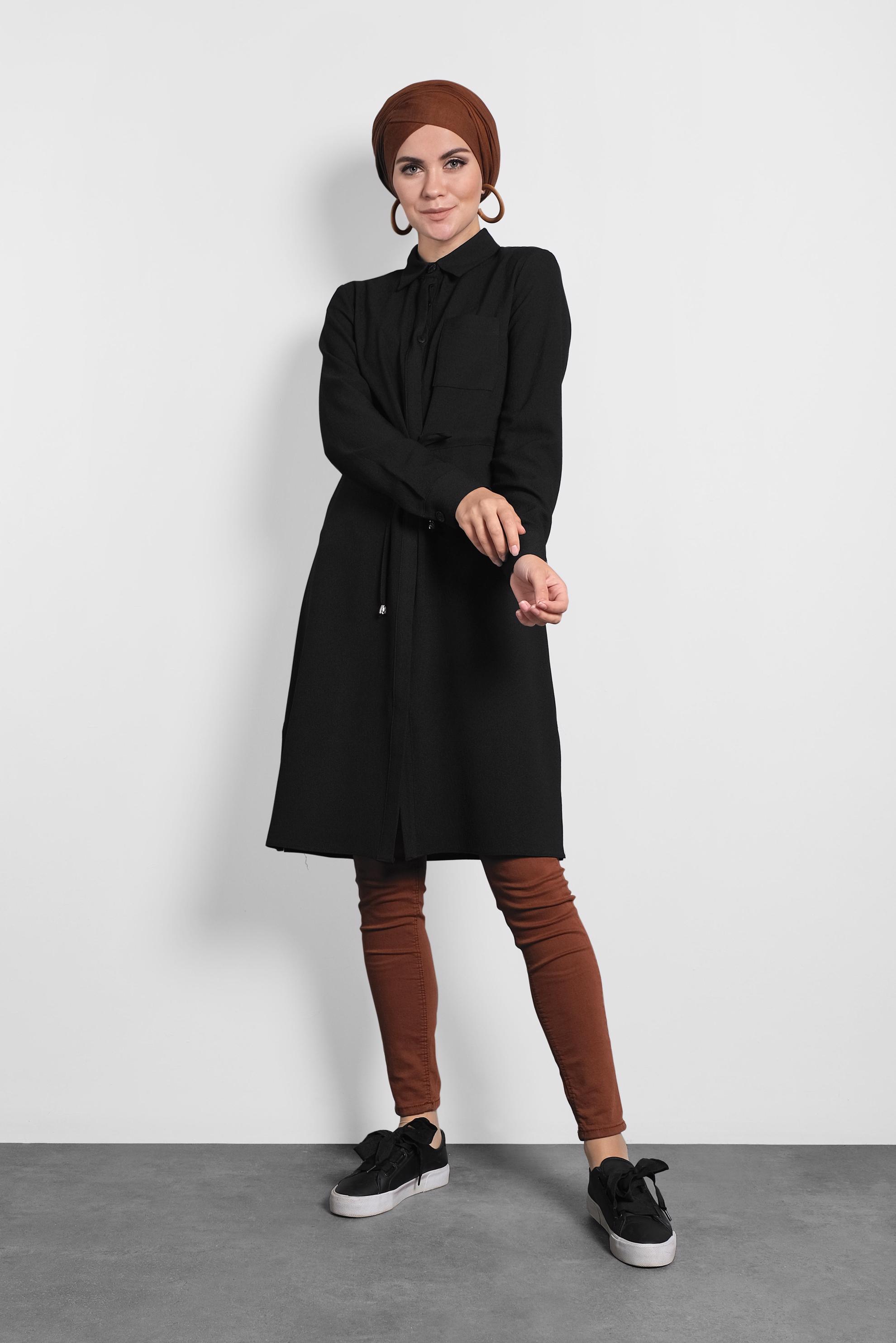 Tesettür giyim SİYAH BELİ BAĞCIKLI GİZLİ DÜĞMELİ TUNİK 40188