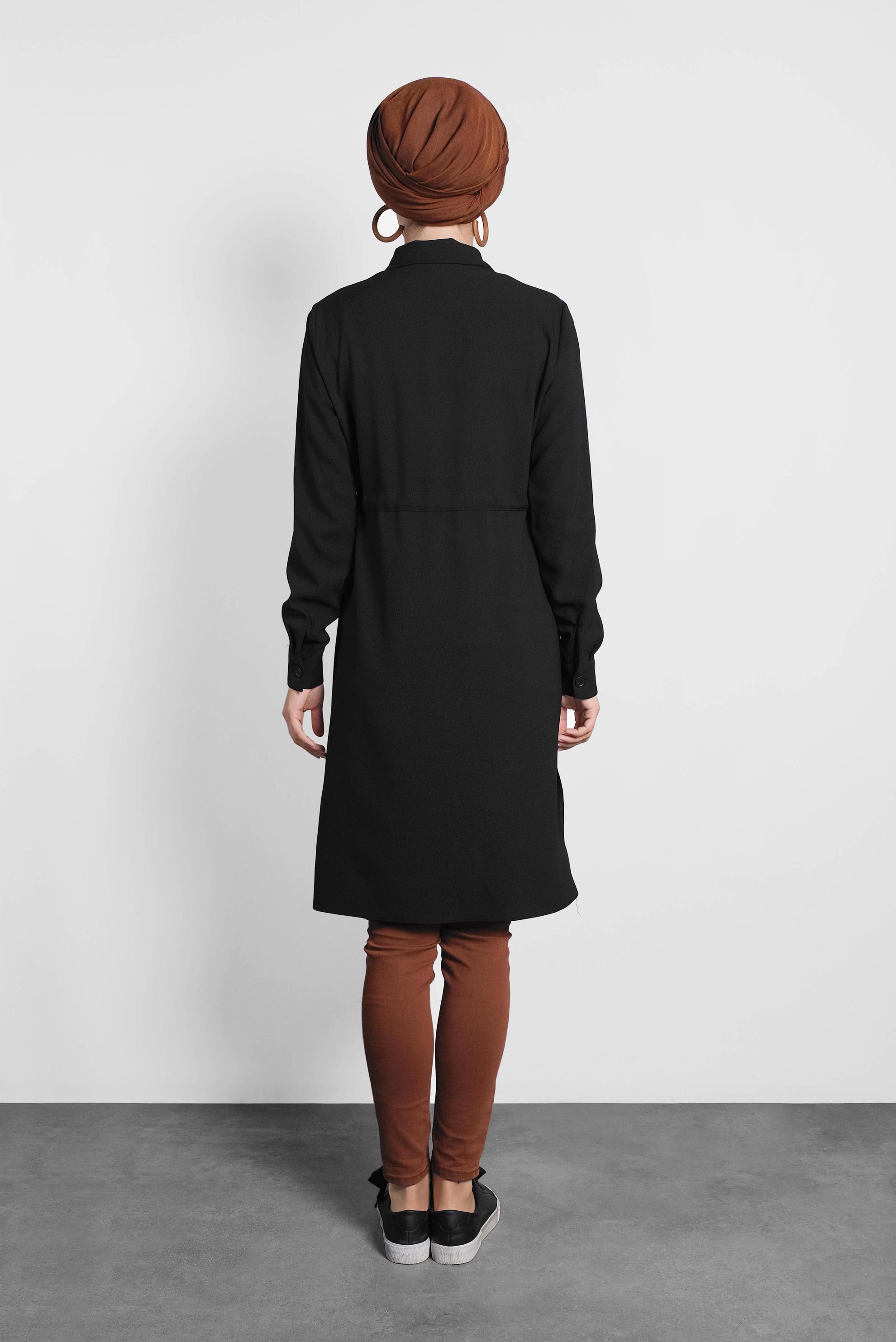 Tesettür giyim SİYAH BELİ BAĞCIKLI GİZLİ DÜĞMELİ TUNİK 40188