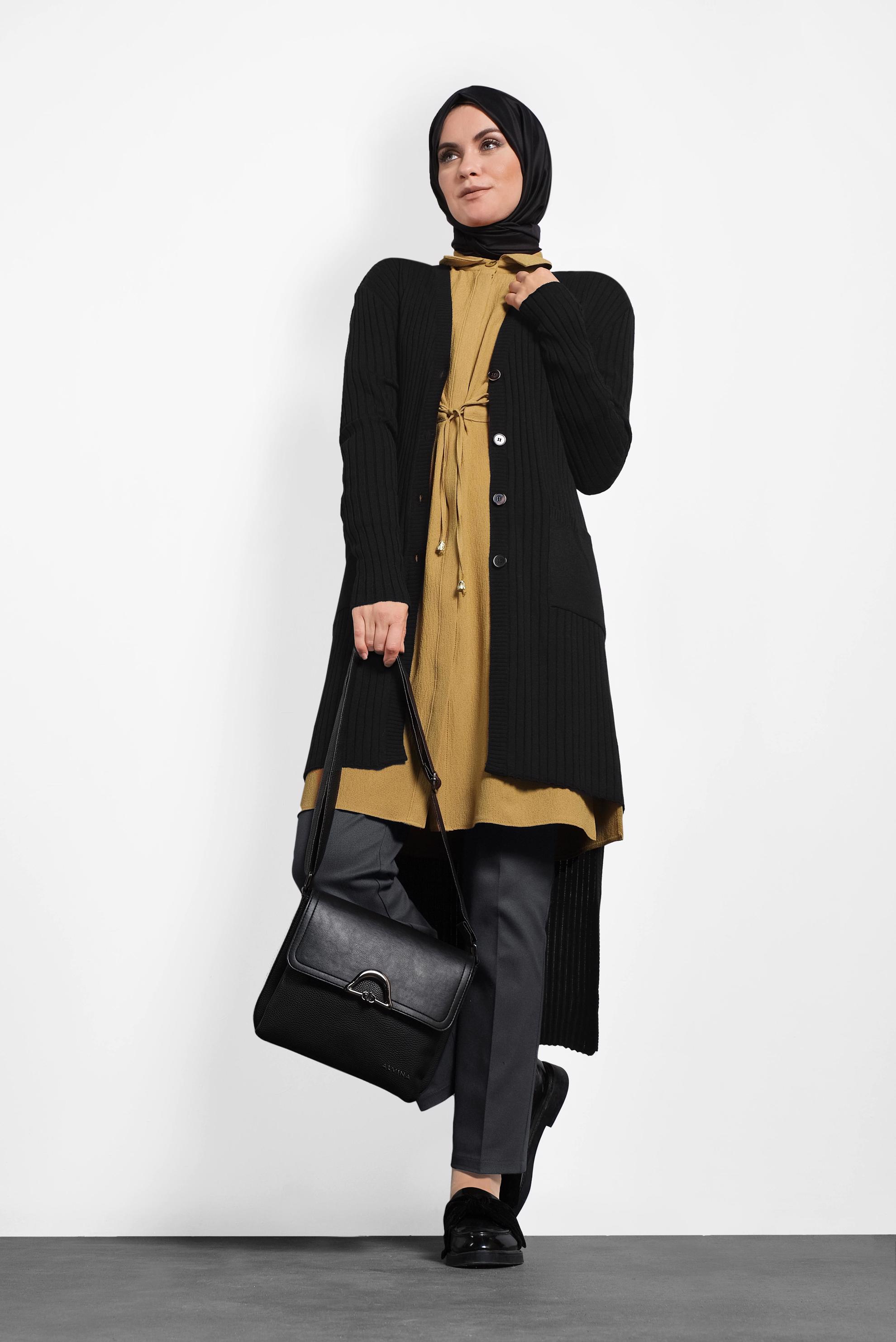 Tesettür giyim SARI BELİ BAĞCIKLI GİZLİ DÜĞMELİ TUNİK 40188