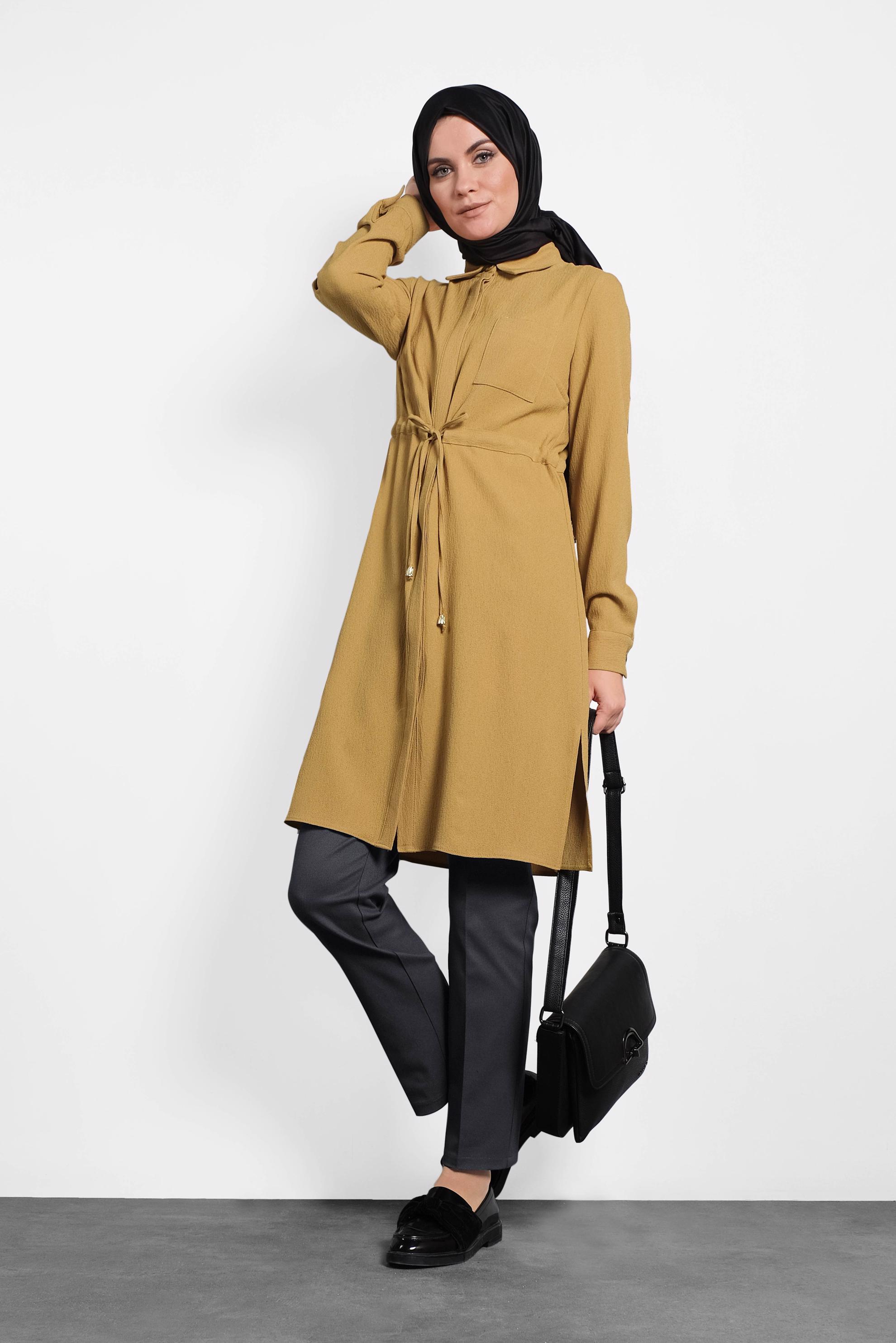 Tesettür giyim SARI BELİ BAĞCIKLI GİZLİ DÜĞMELİ TUNİK 40188