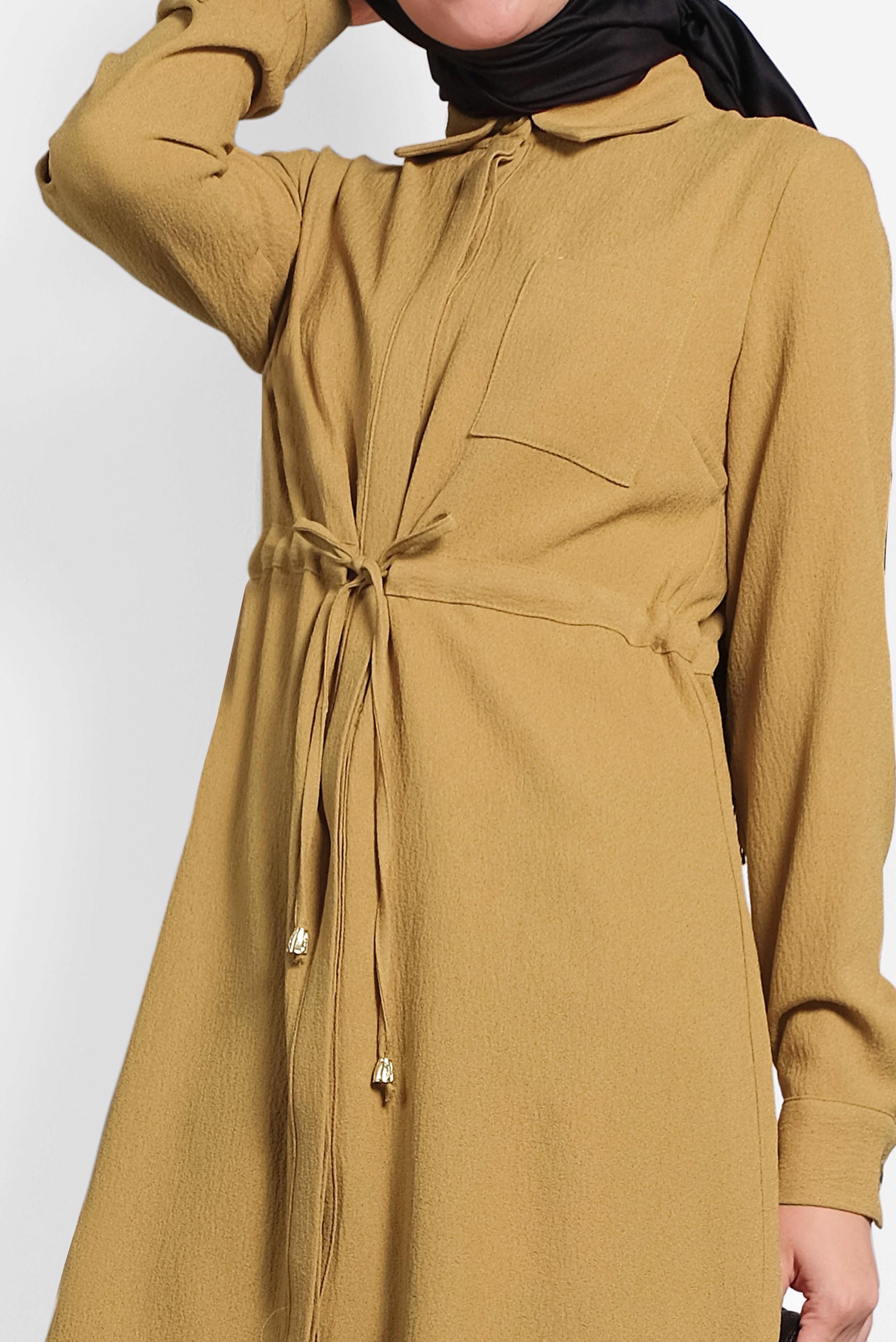 Tesettür giyim SARI BELİ BAĞCIKLI GİZLİ DÜĞMELİ TUNİK 40188