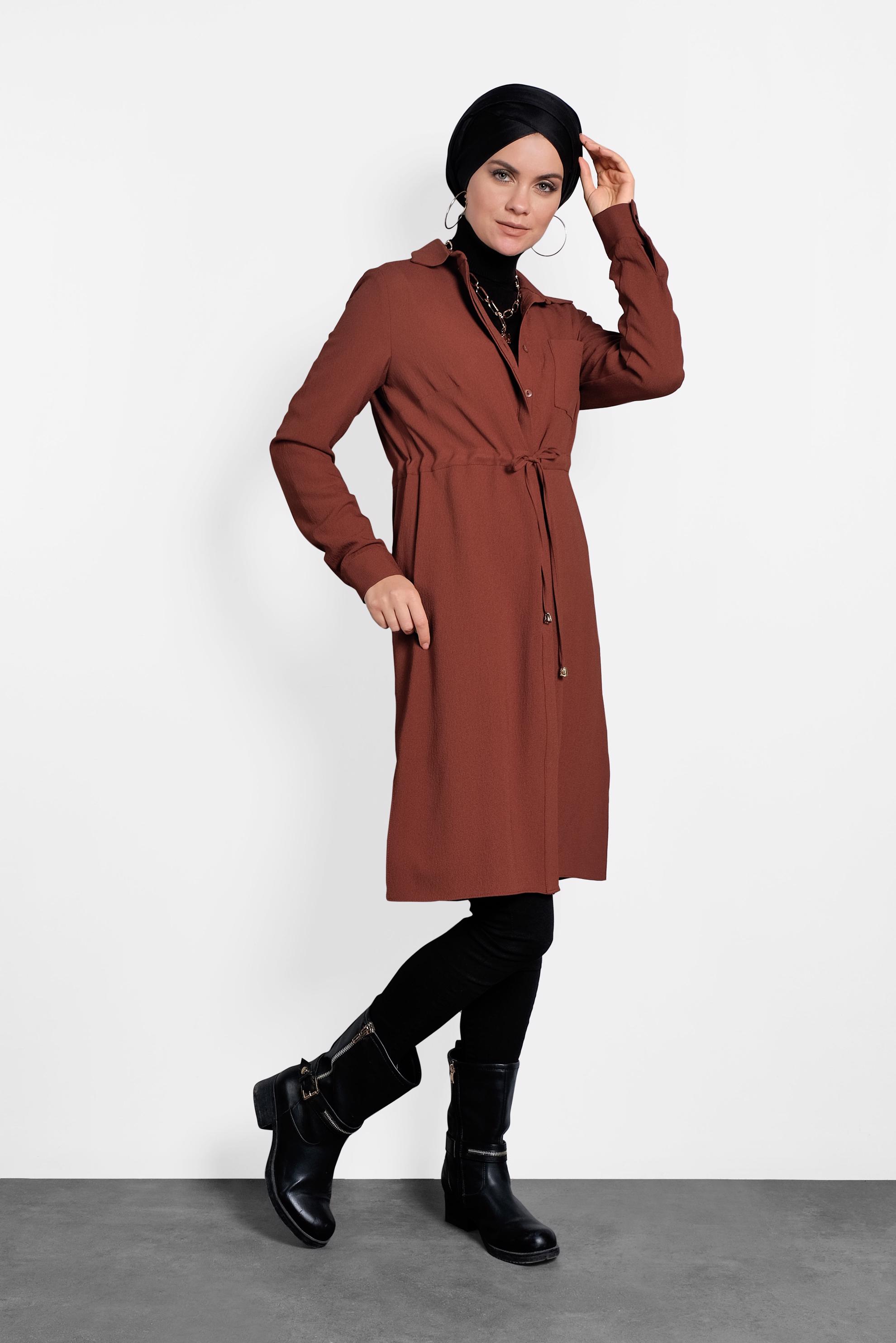 Tesettür giyim TURUNCU BELİ BAĞCIKLI GİZLİ DÜĞMELİ TUNİK 40188