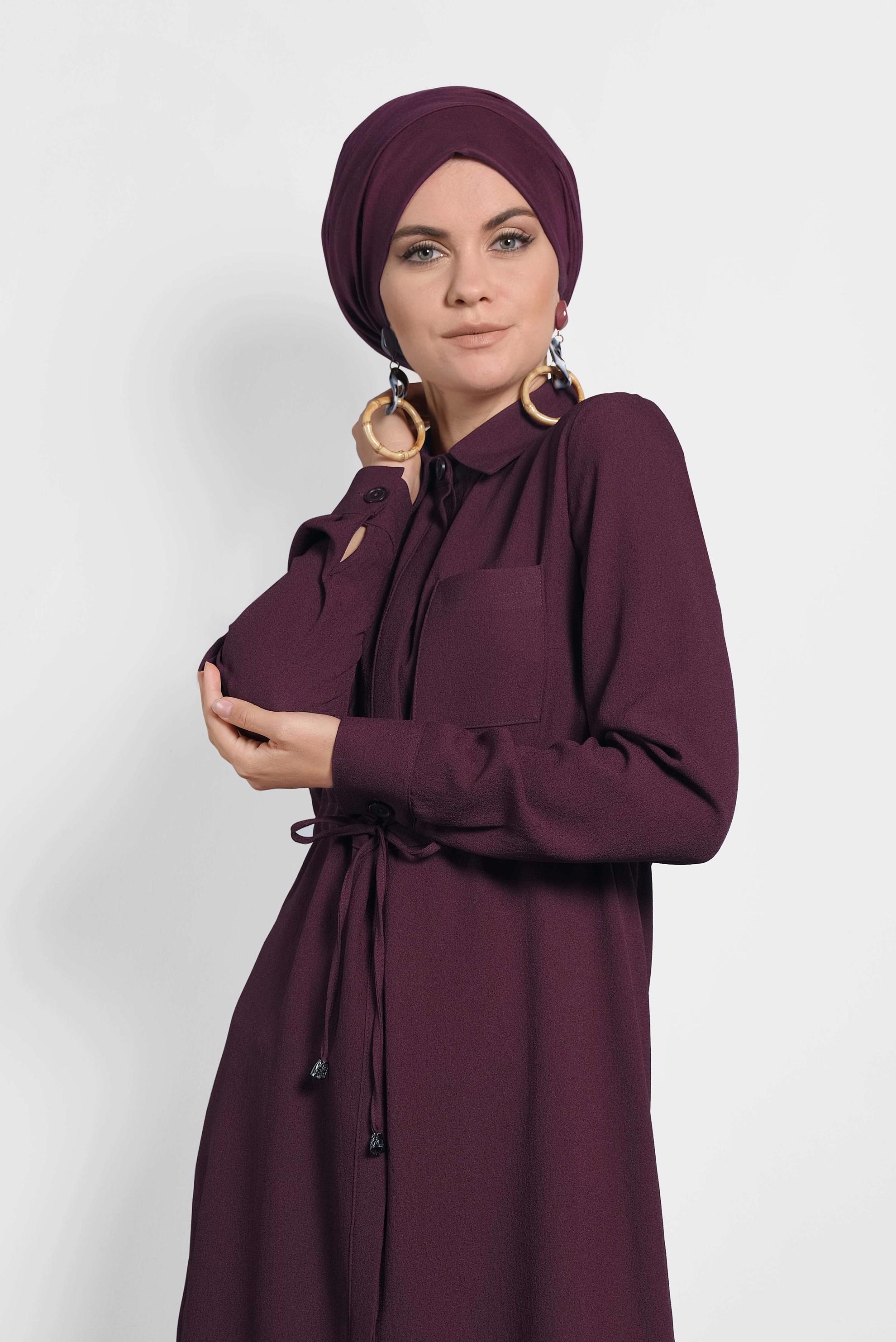 Tesettür giyim BORDO BELİ BAĞCIKLI GİZLİ DÜĞMELİ TUNİK 40188