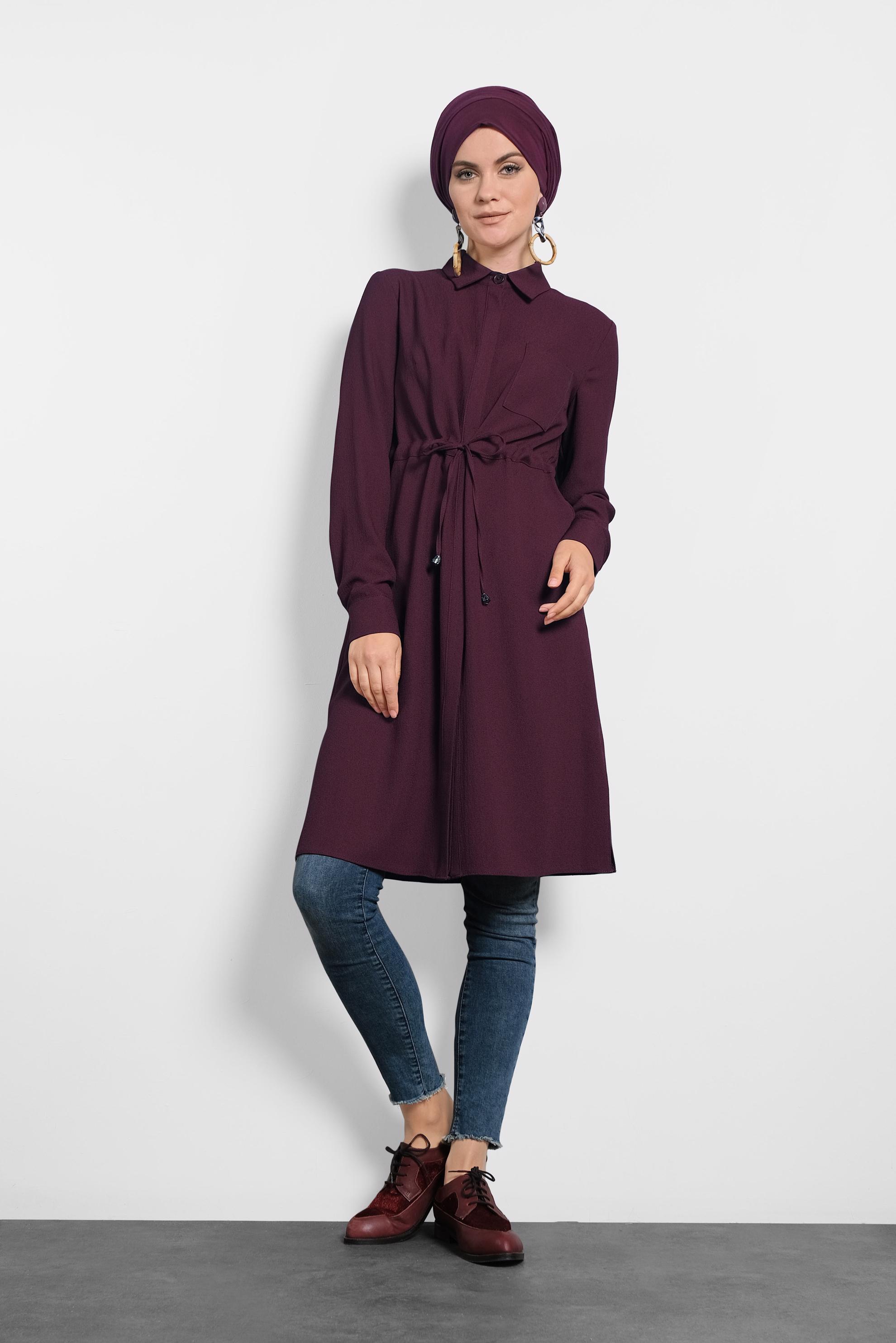 Tesettür giyim BORDO BELİ BAĞCIKLI GİZLİ DÜĞMELİ TUNİK 40188