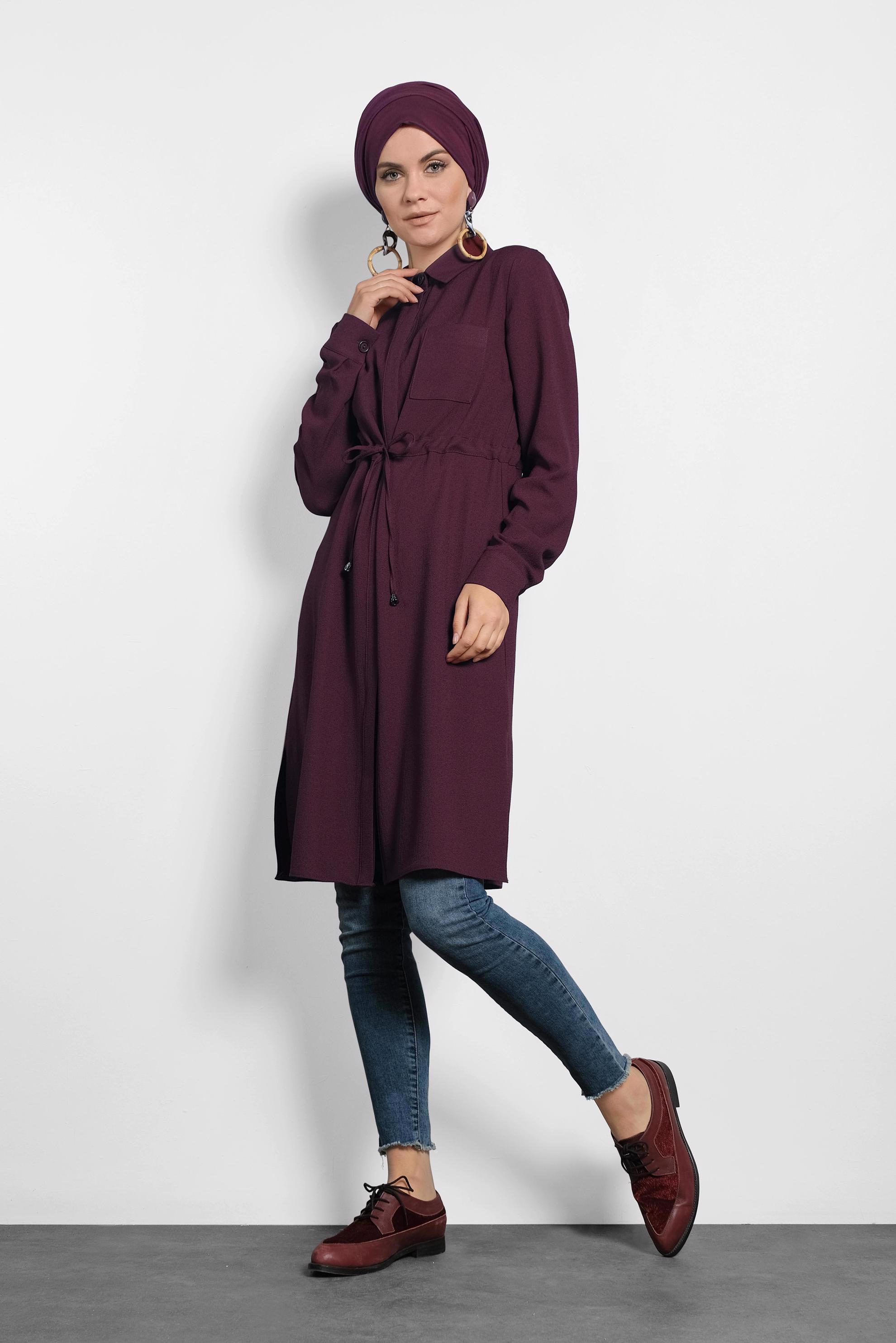 Tesettür giyim BORDO BELİ BAĞCIKLI GİZLİ DÜĞMELİ TUNİK 40188