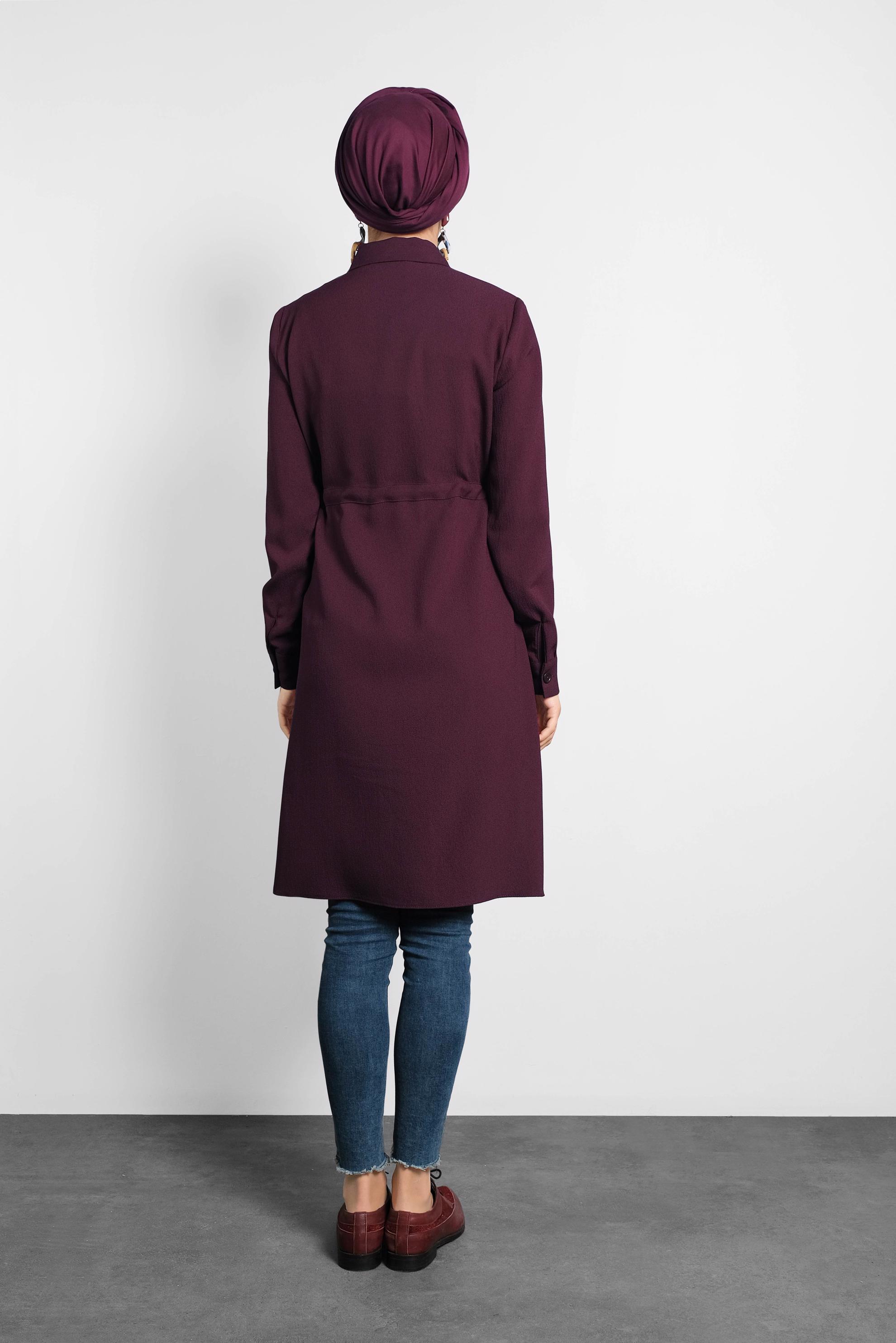 Tesettür giyim BORDO BELİ BAĞCIKLI GİZLİ DÜĞMELİ TUNİK 40188