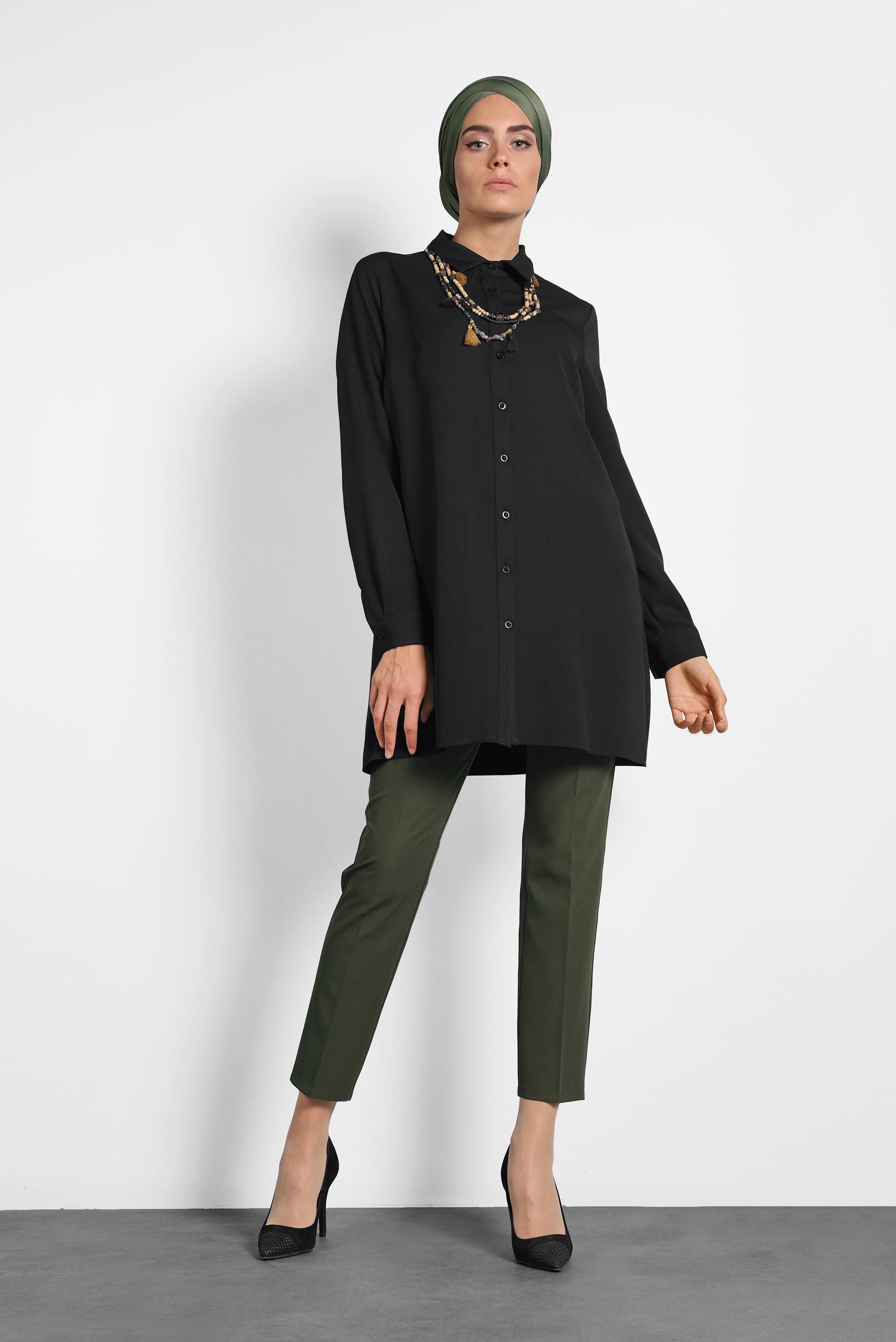 Tesettür giyim SİYAH DÜĞMELİ ŞİFON TUNİK 40208 