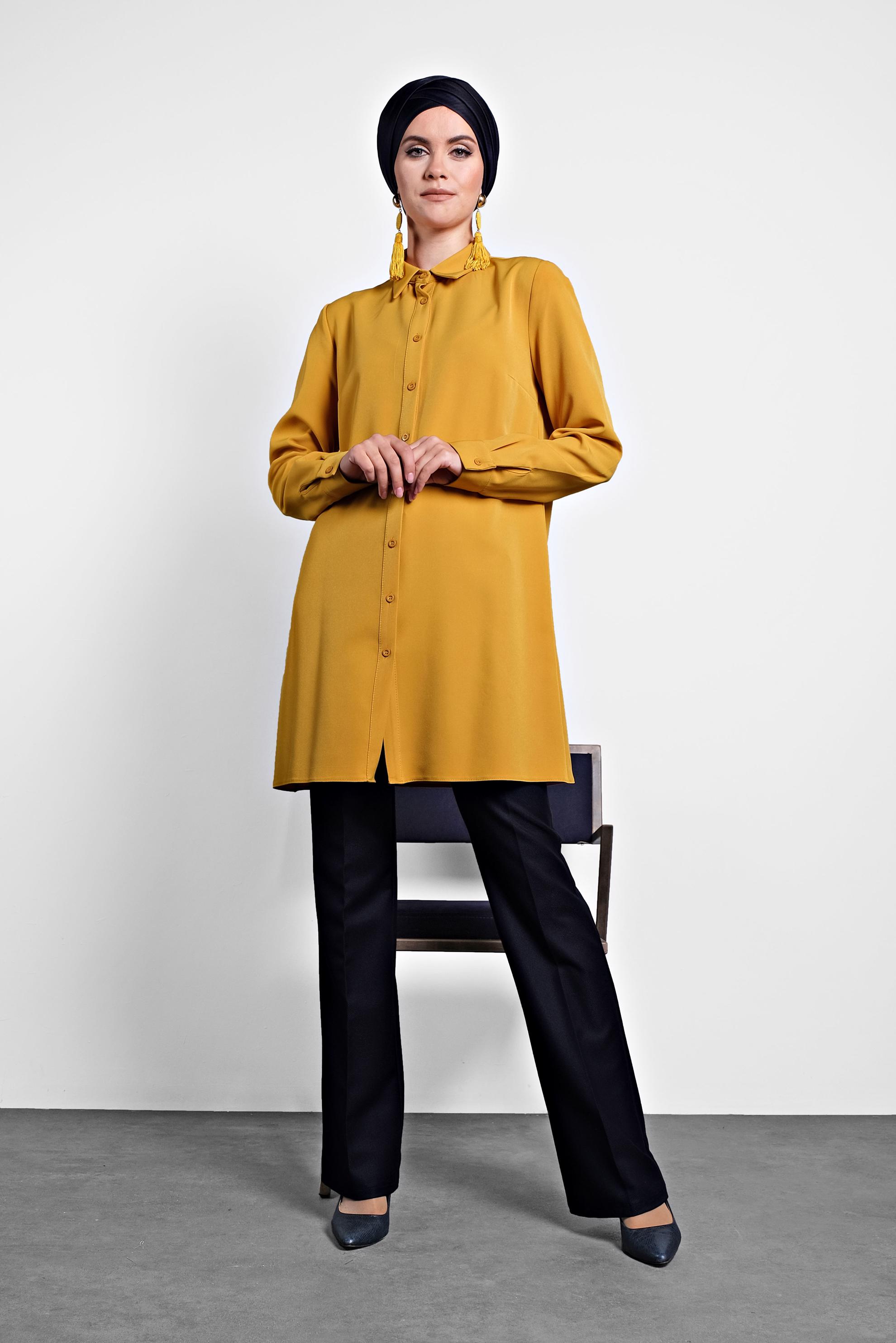 Tesettür giyim SARI DÜĞMELİ ŞİFON TUNİK 40208 