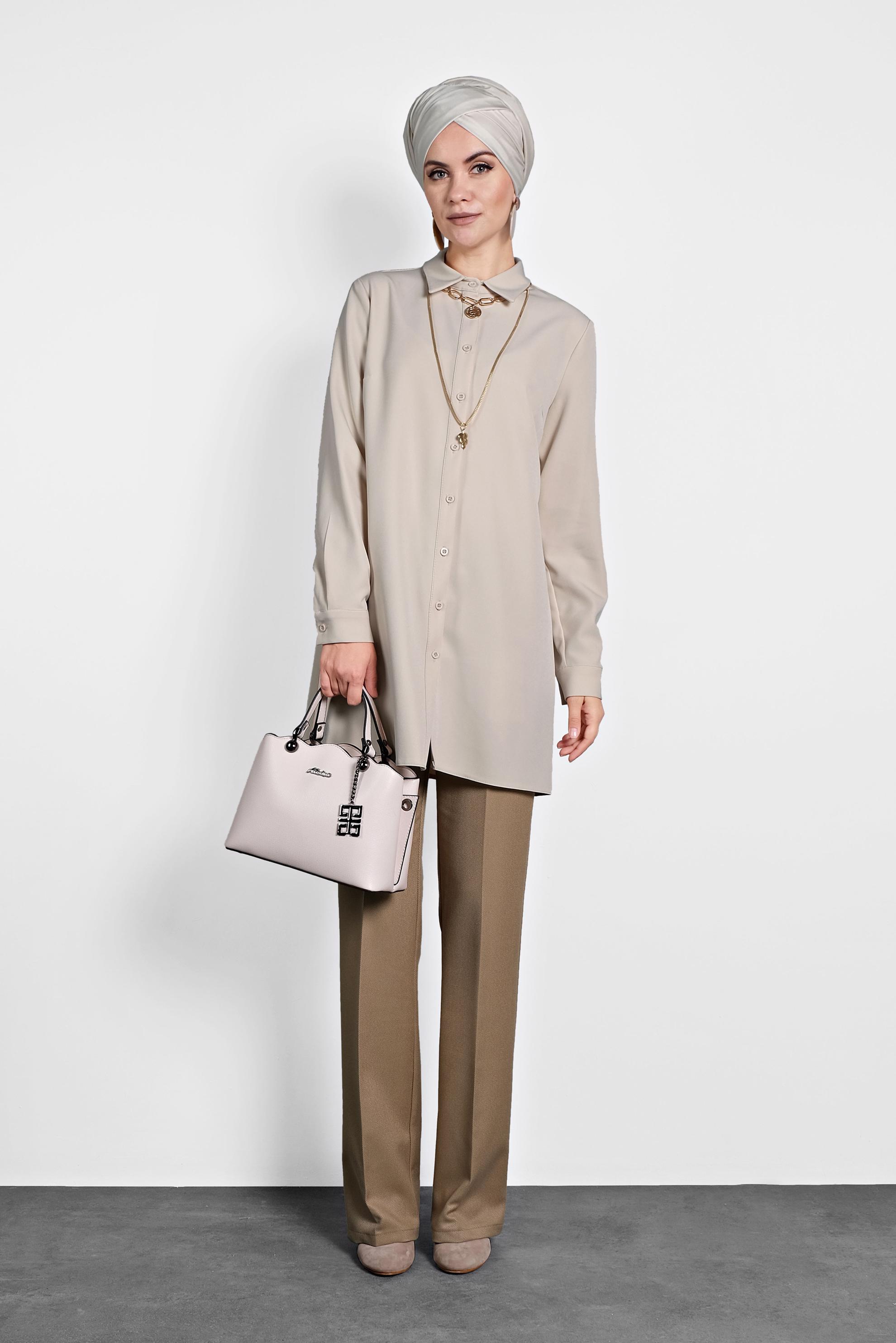 Tesettür giyim BEJ DÜĞMELİ ŞİFON TUNİK 40208 