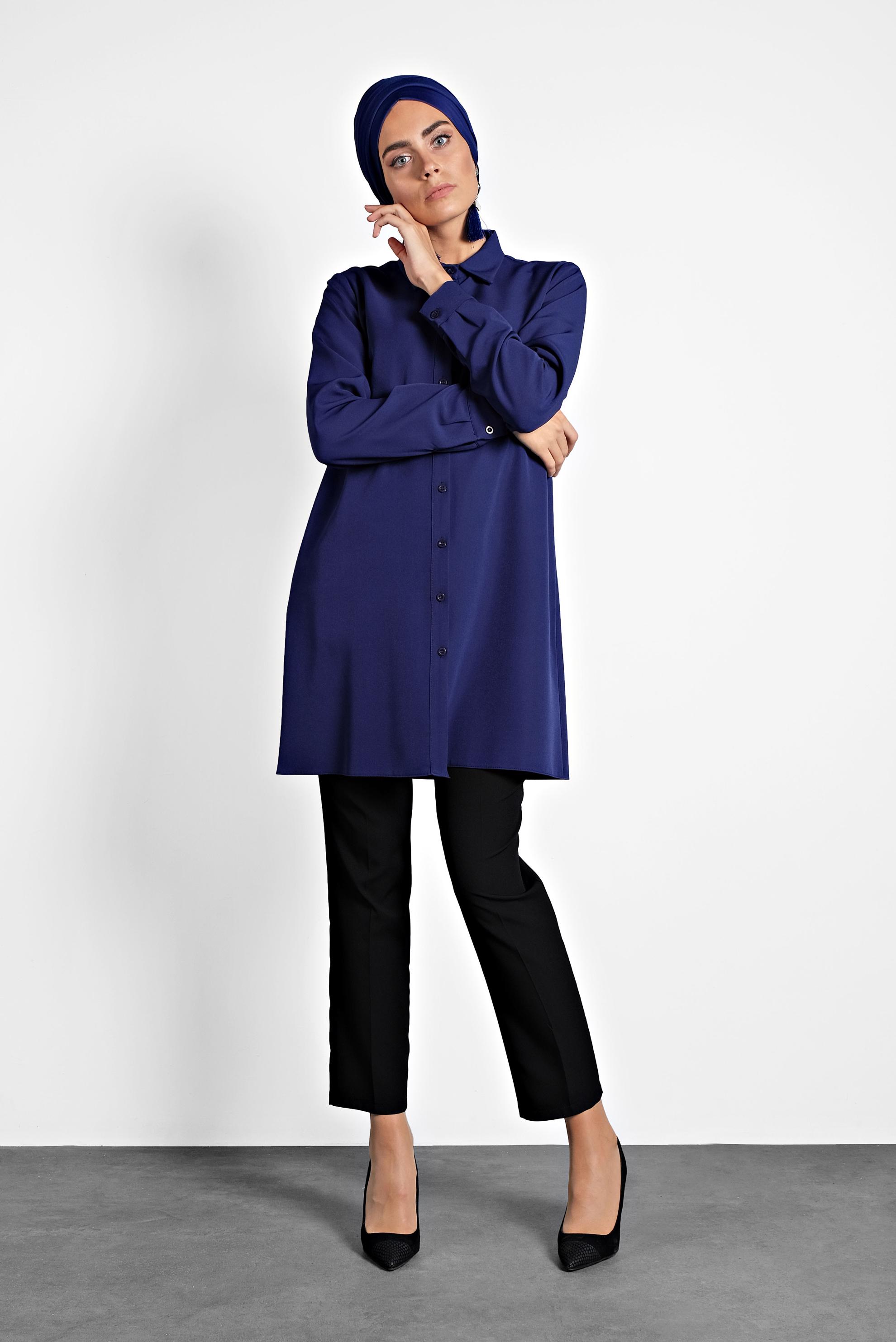 Tesettür giyim LACİVERT DÜĞMELİ ŞİFON TUNİK 40208 