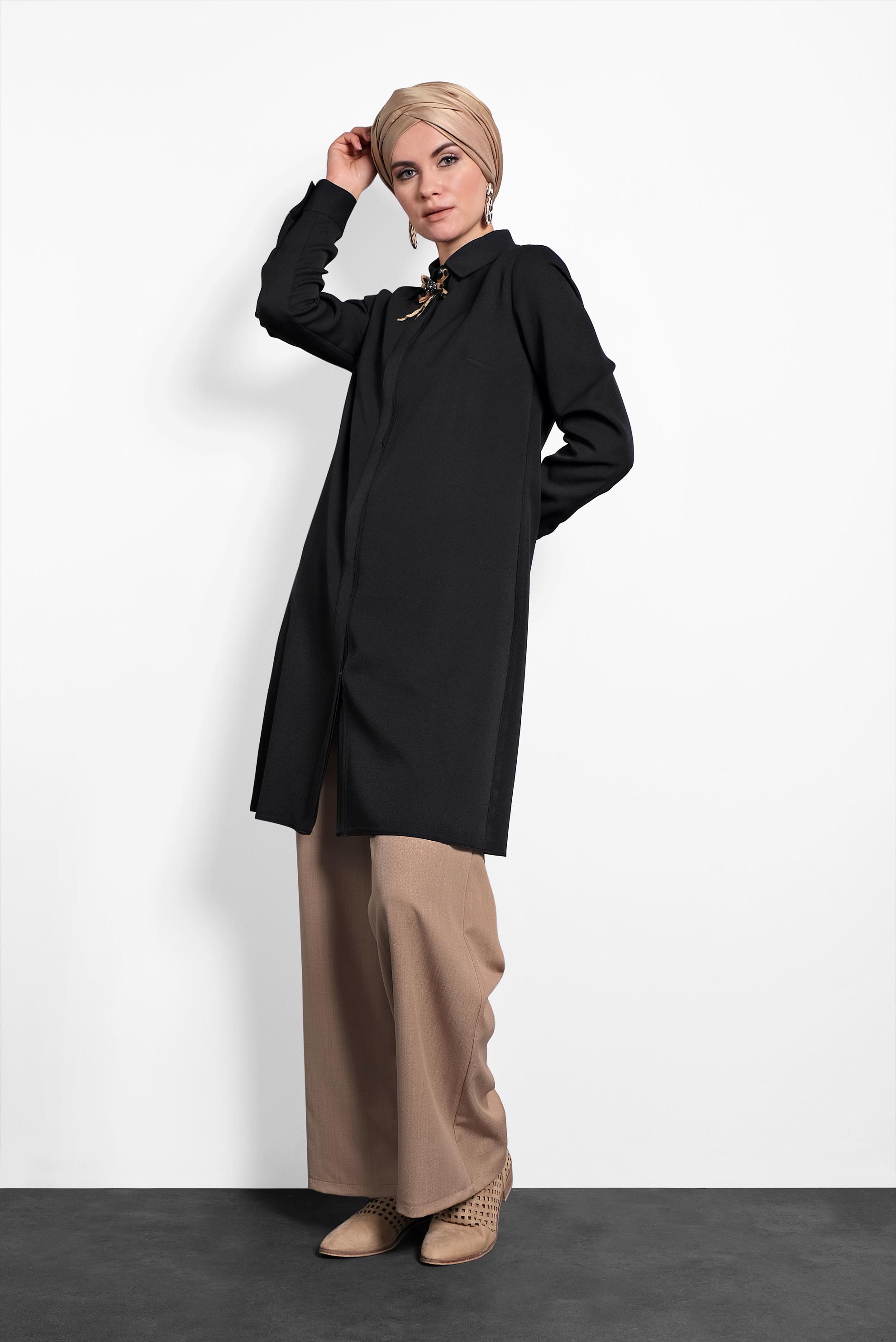 Tesettür giyim SİYAH GİZLİ DÜĞMELİ TUNİK 40209