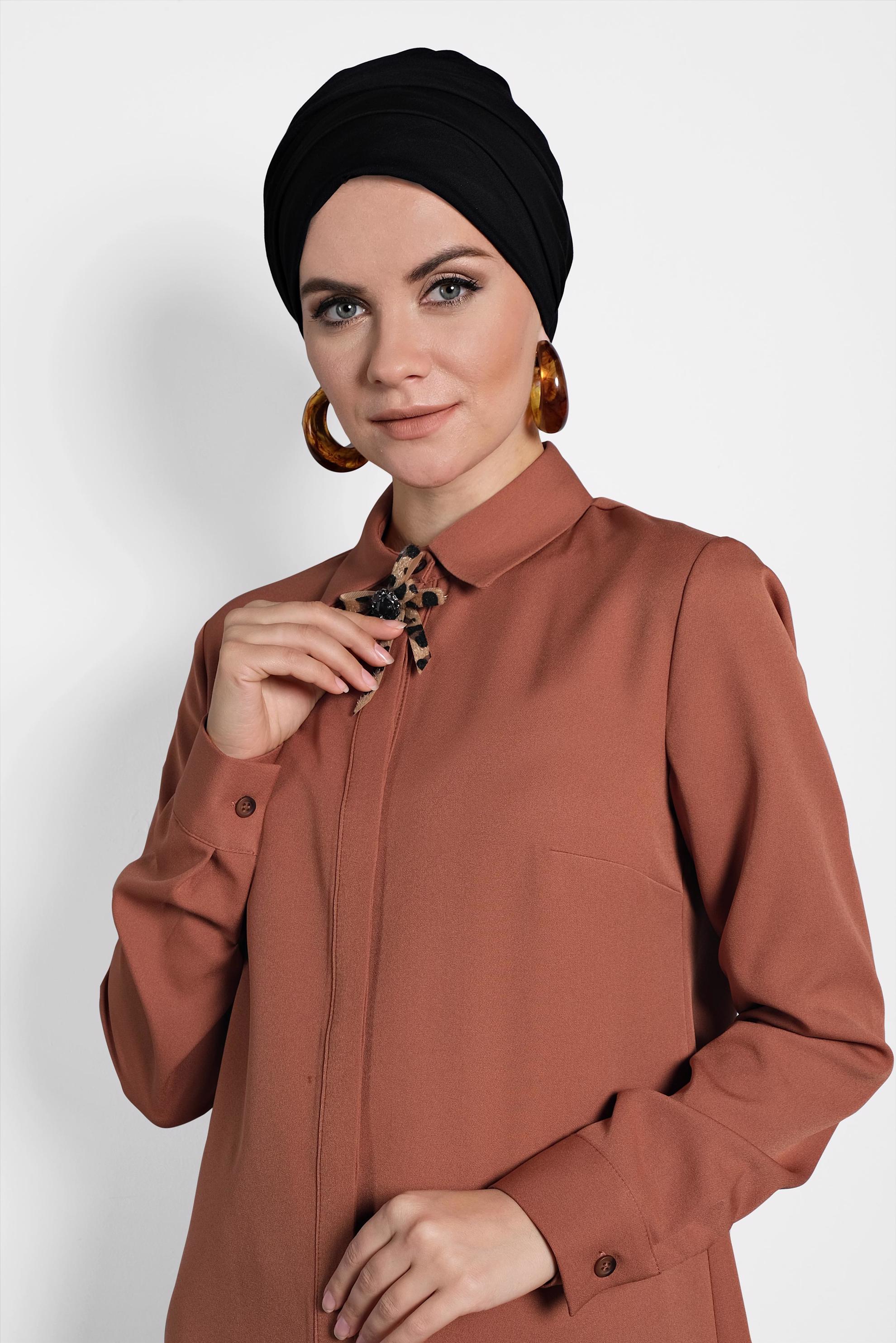 Tesettür giyim TABA GİZLİ DÜĞMELİ TUNİK 40209