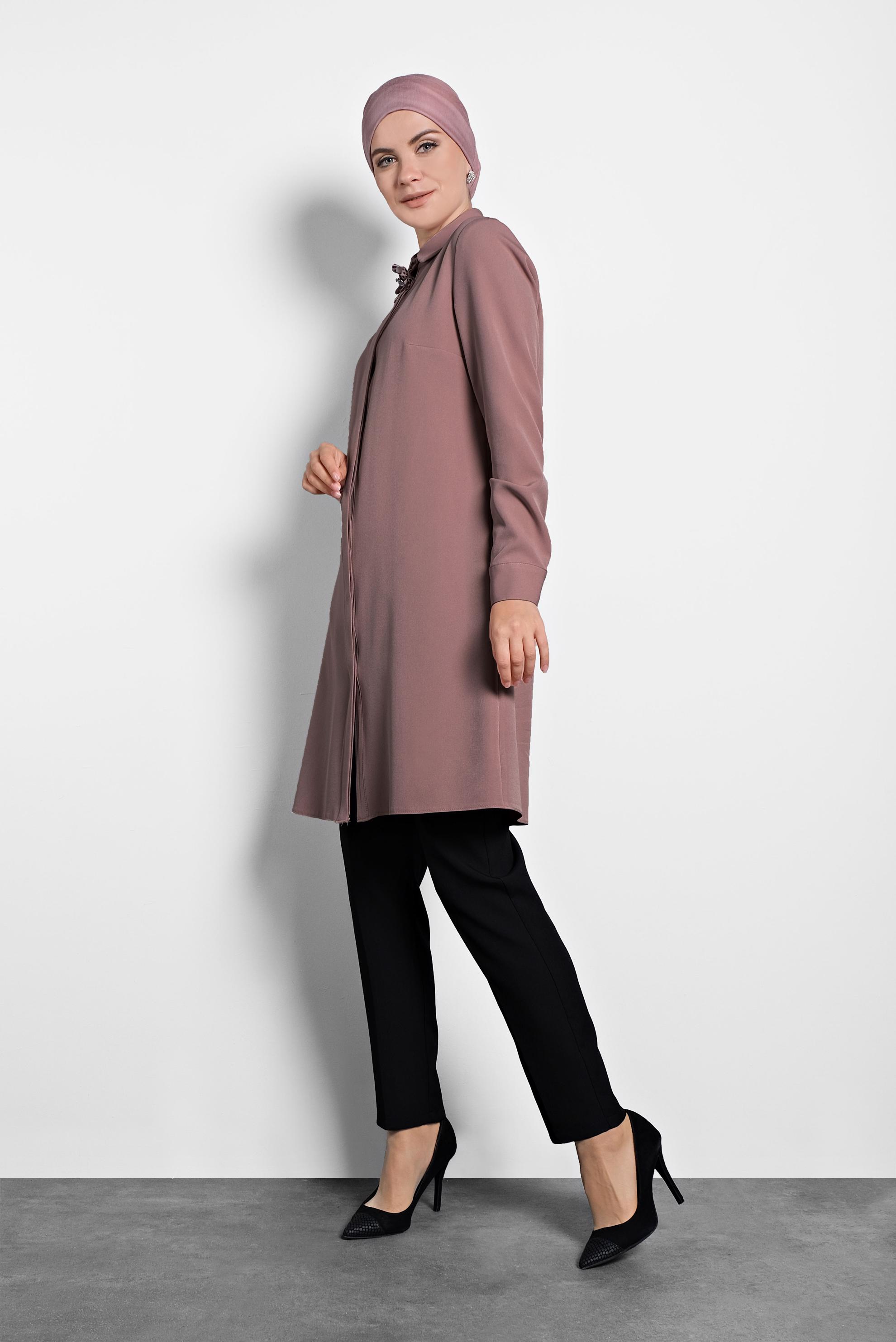 Tesettür giyim PEMBE GİZLİ DÜĞMELİ TUNİK 40209