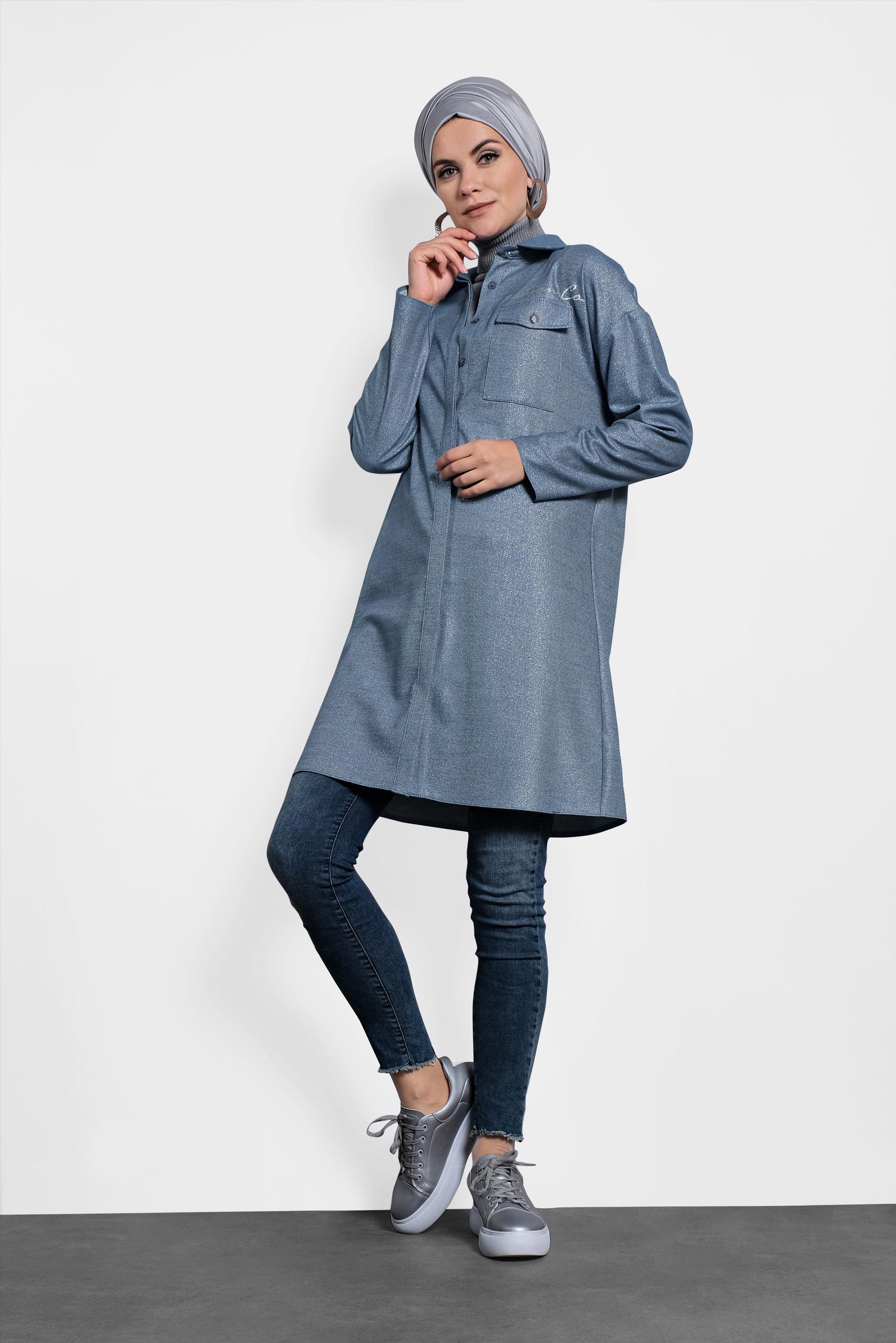 Tesettür giyim LACİVERT DÜĞMELİ GÖMLEK YAKA TUNİK 40211