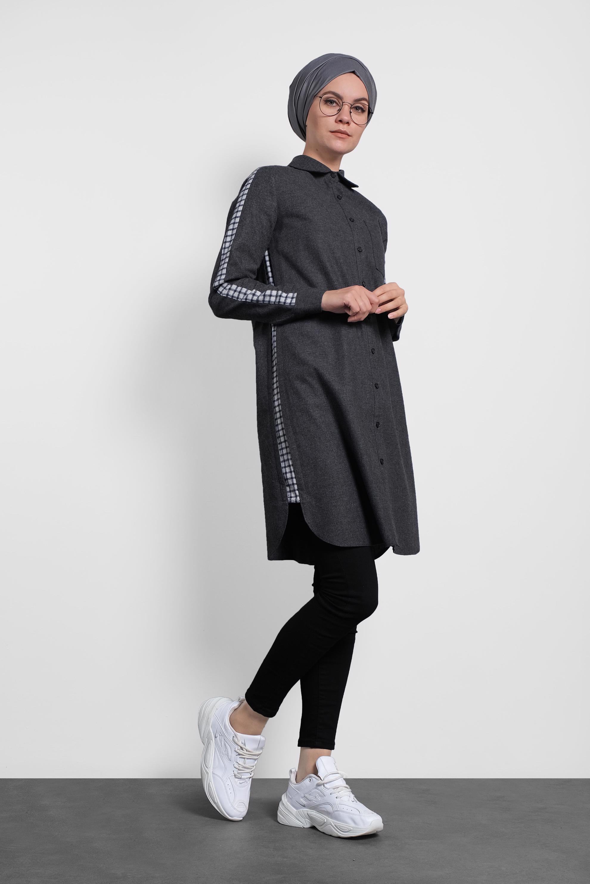 Tesettür giyim GRİ DÜĞMELİ GÖMLEK YAKA TUNİK 40212 