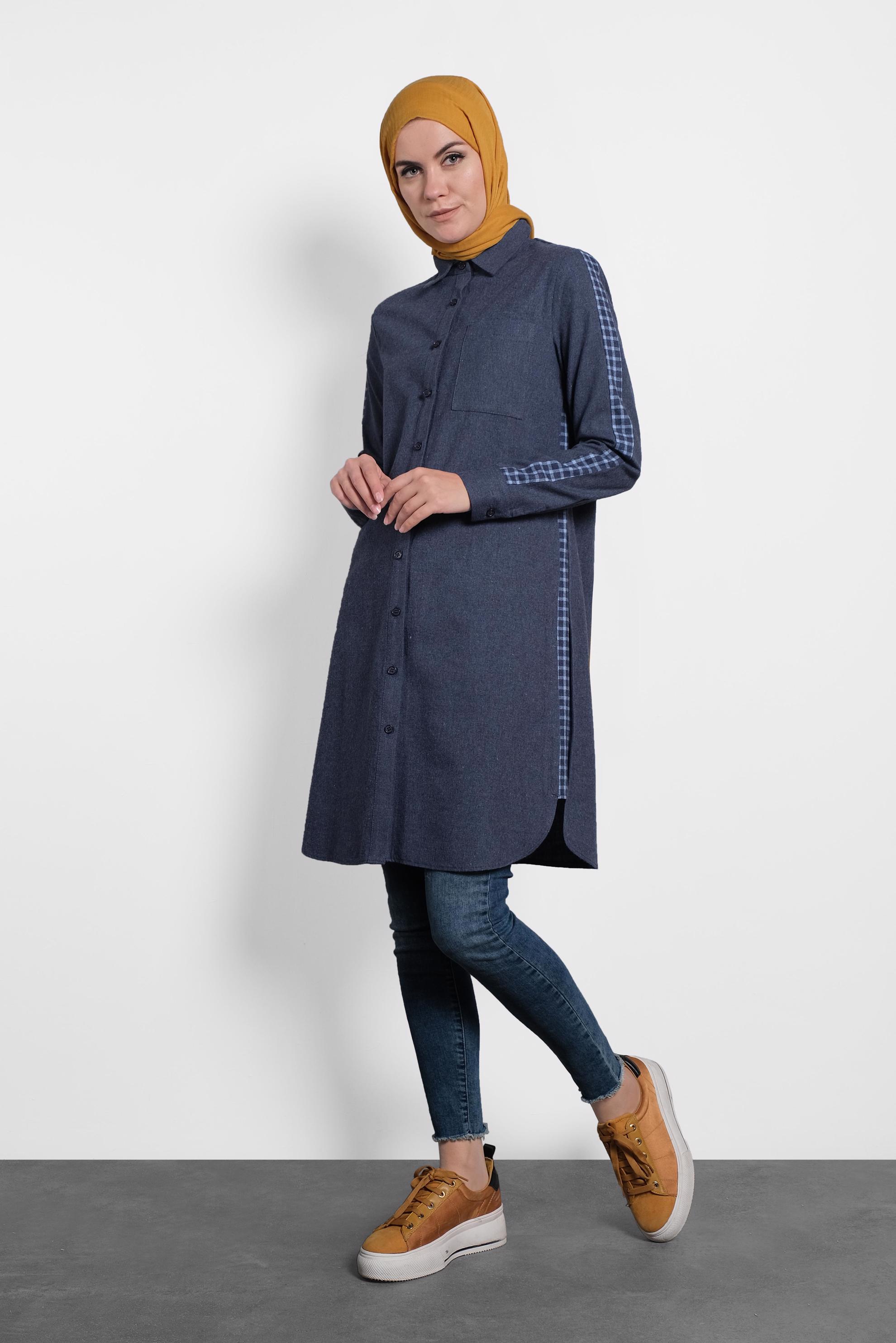 Tesettür giyim LACİVERT DÜĞMELİ GÖMLEK YAKA TUNİK 40212 
